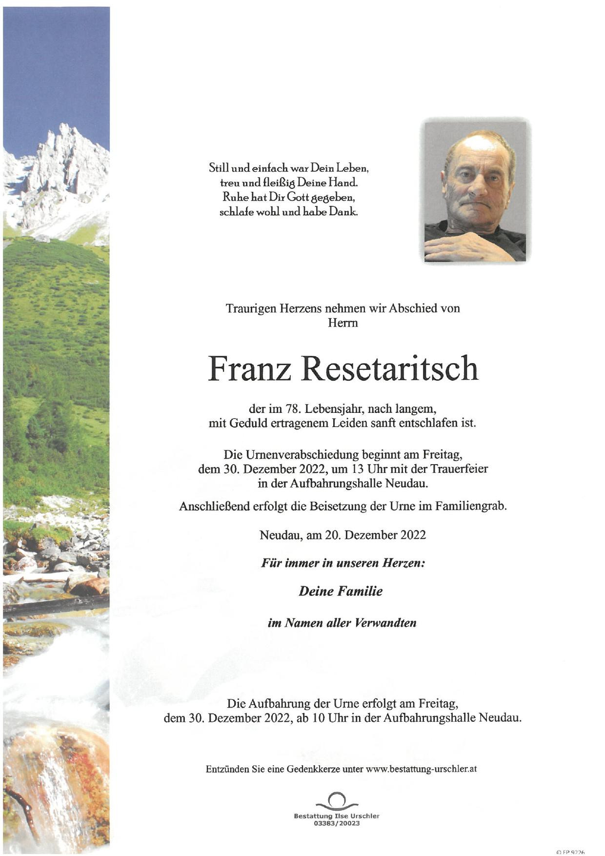 Traueranzeige von Franz Resetaritsch
