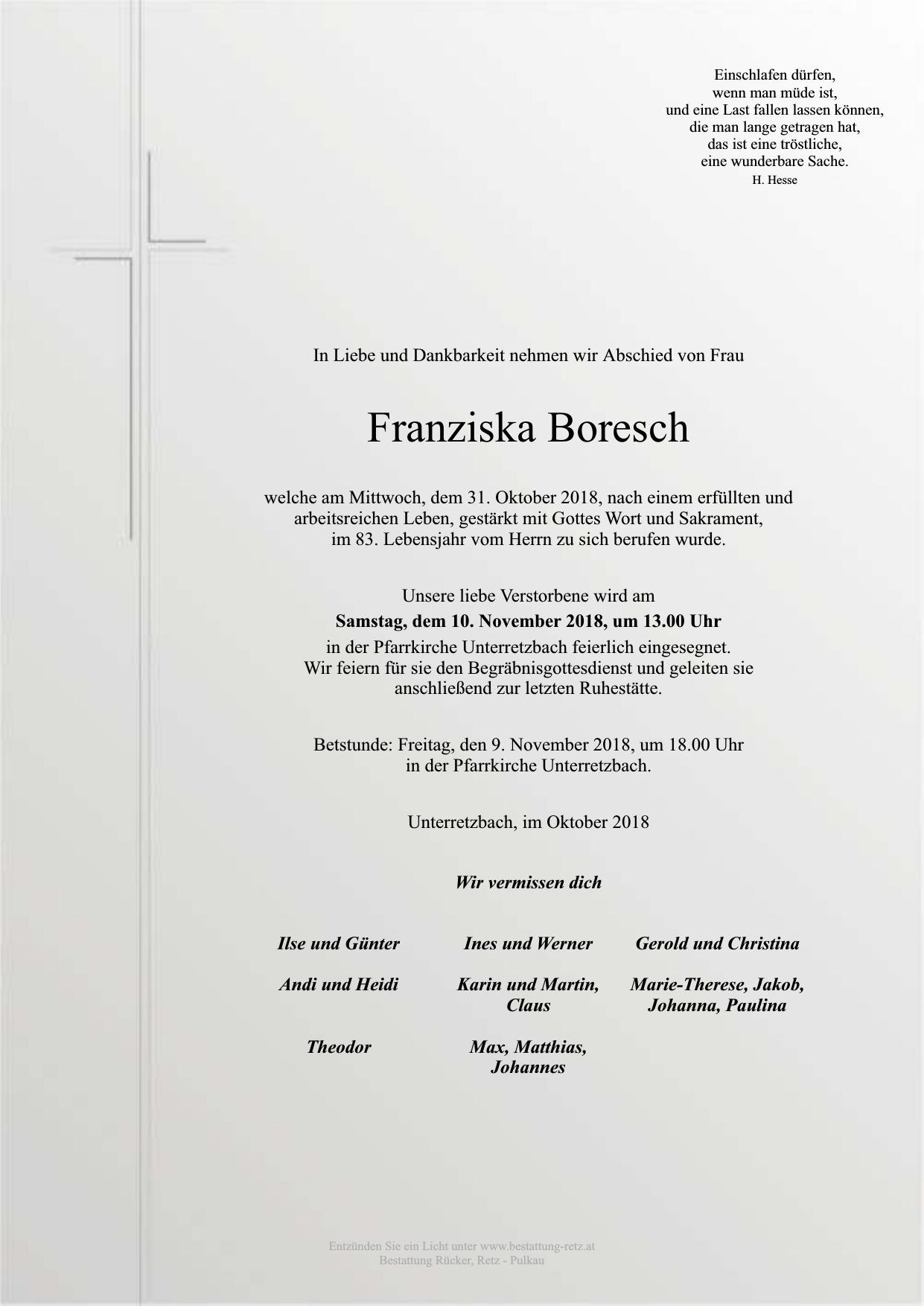 Traueranzeige von Franziska Boresch