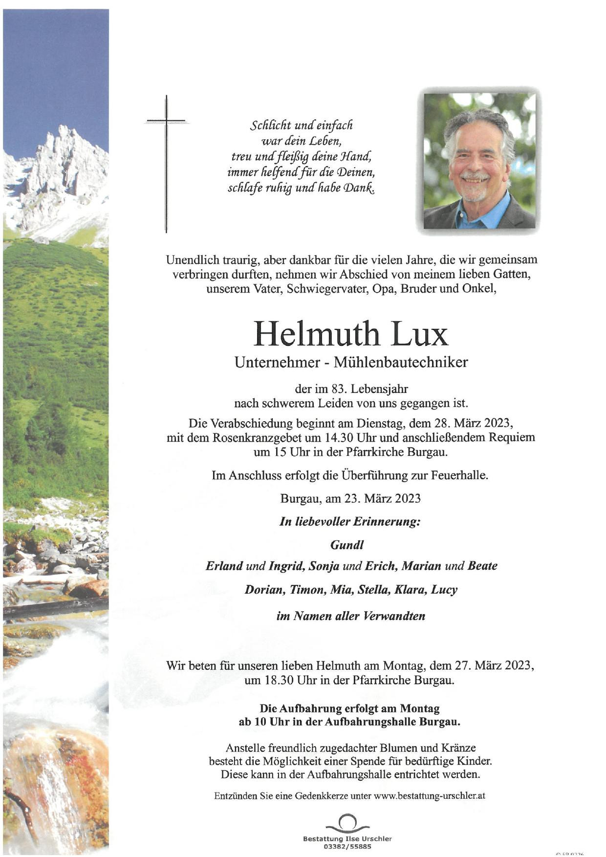 Traueranzeige von Helmuth Lux