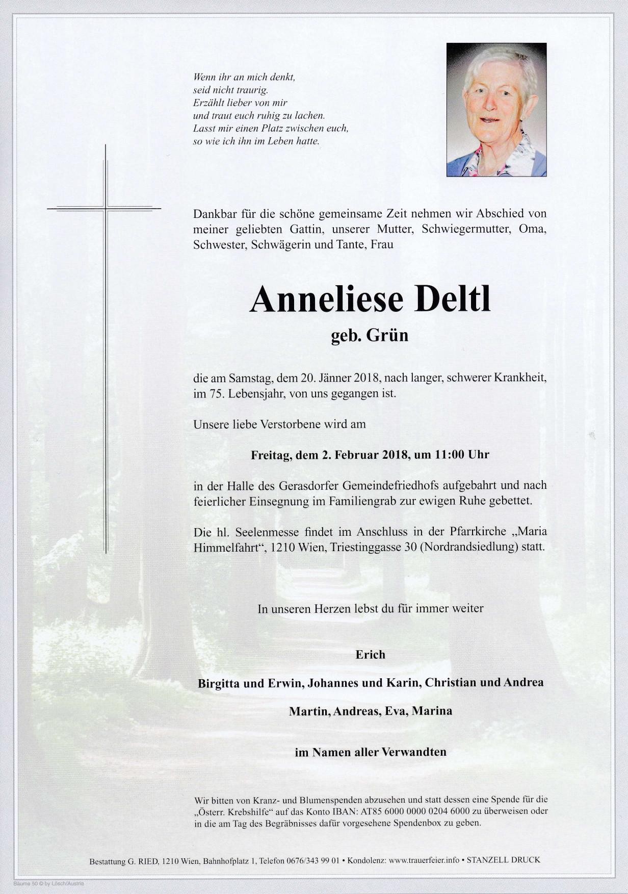 Traueranzeige von Anneliese Deltl