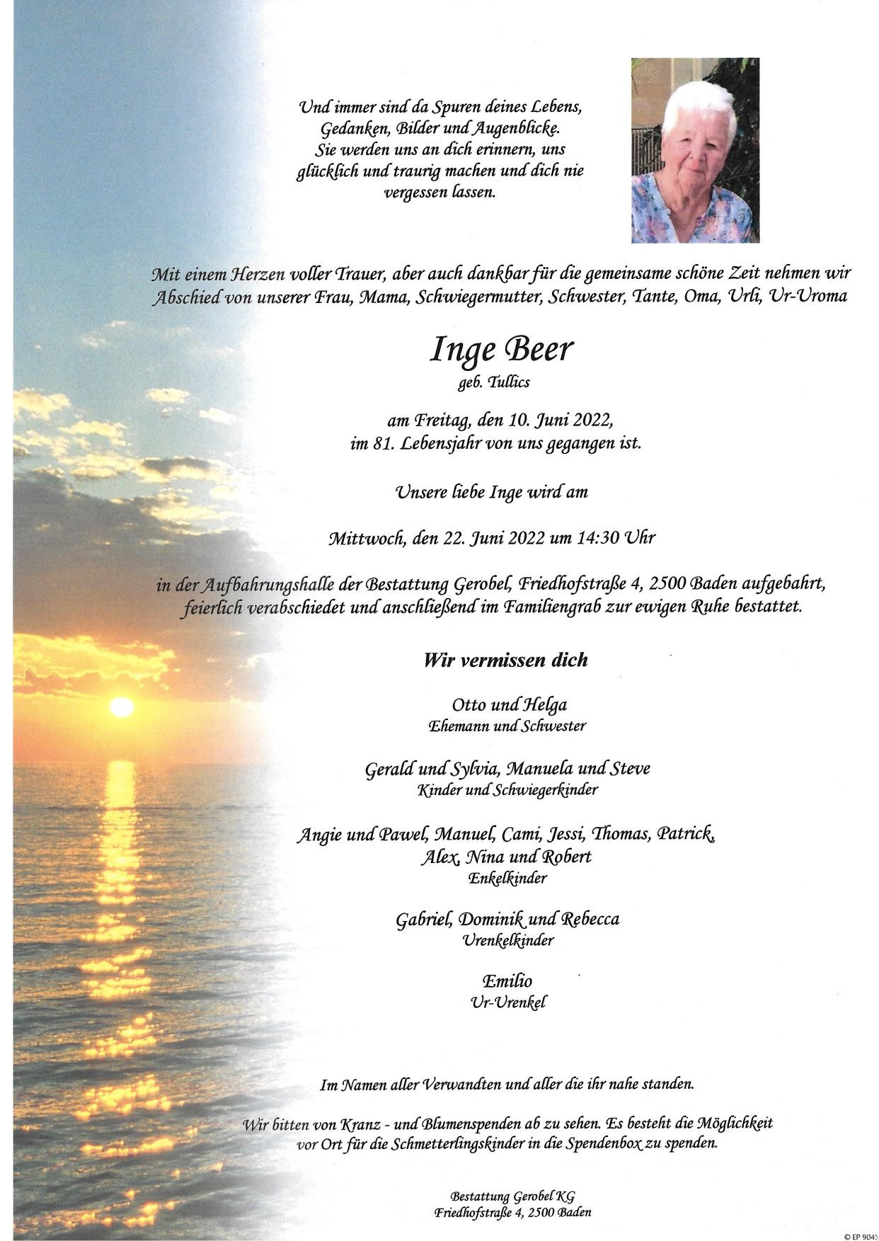 Traueranzeige von Inge Beer