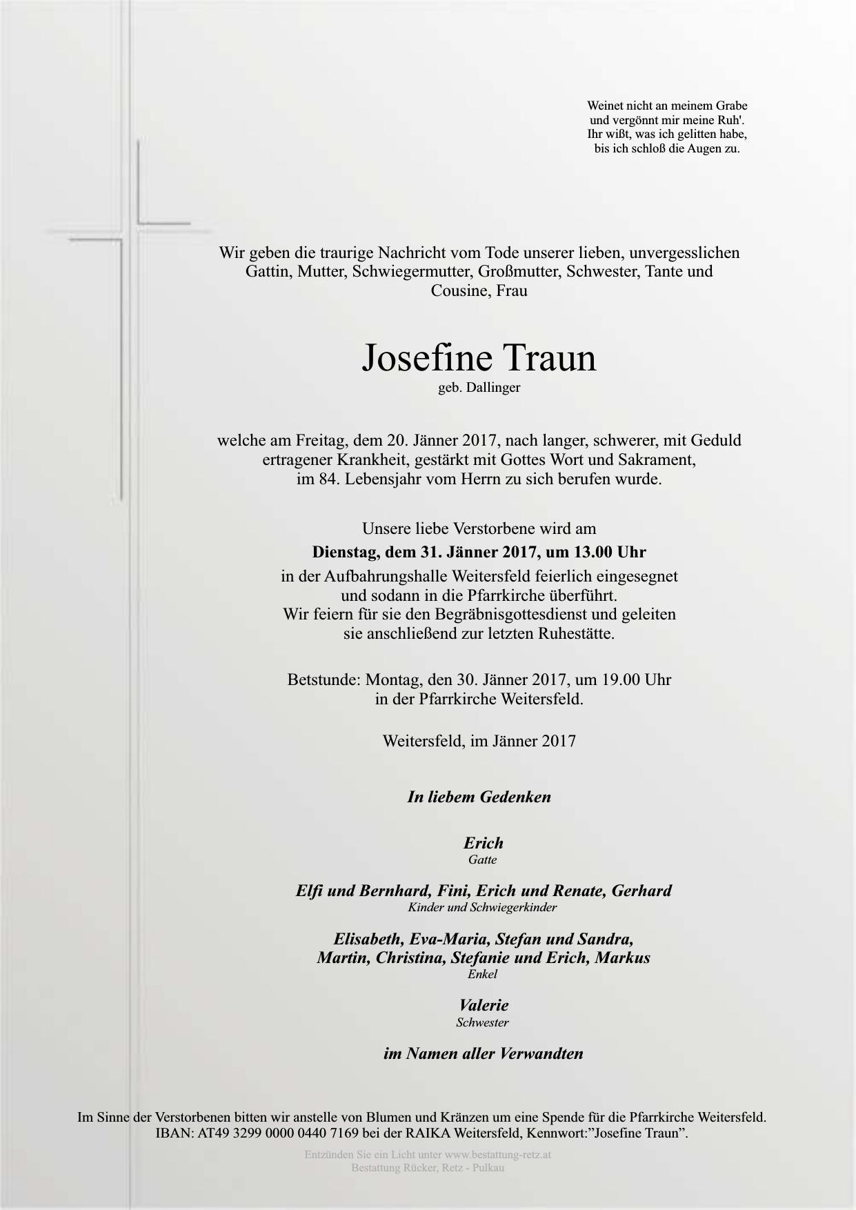 Traueranzeige von Josefine Traun