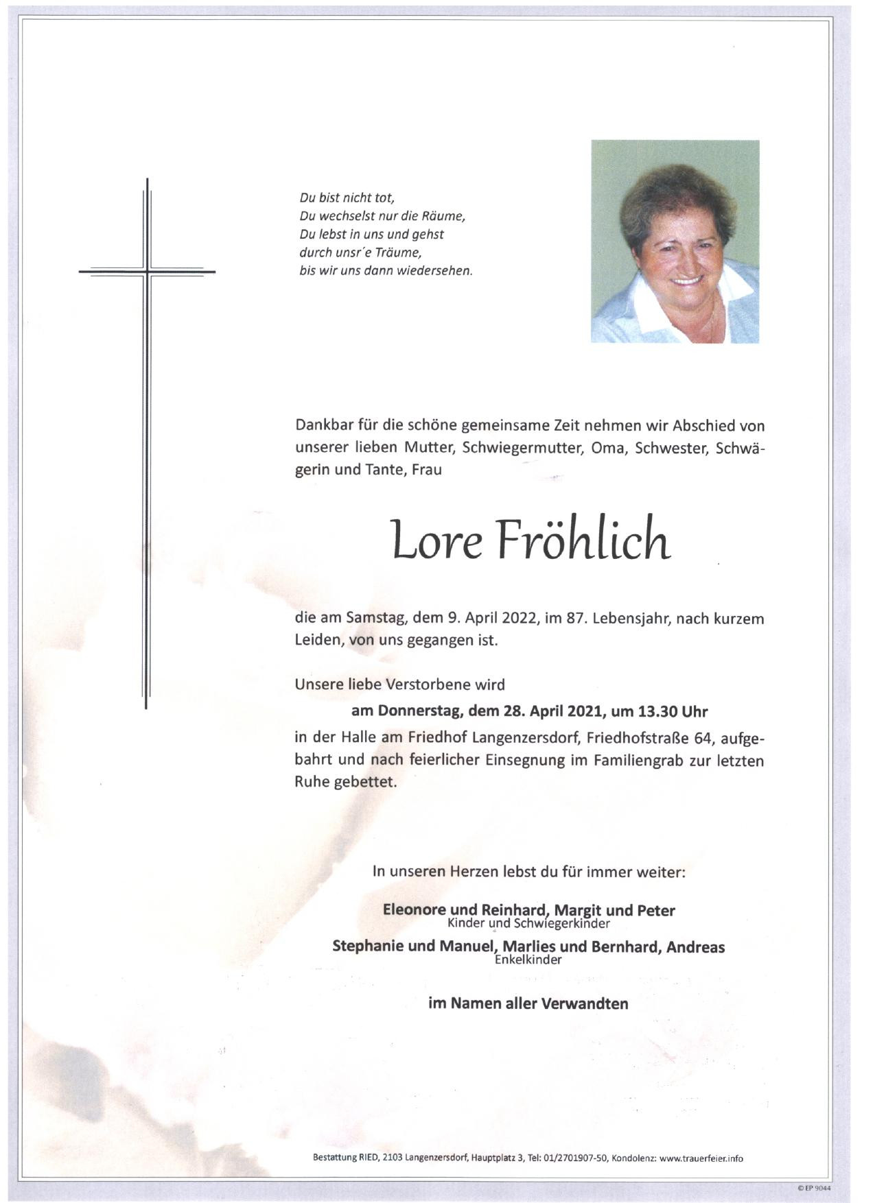 Traueranzeige von Lore Fröhlich