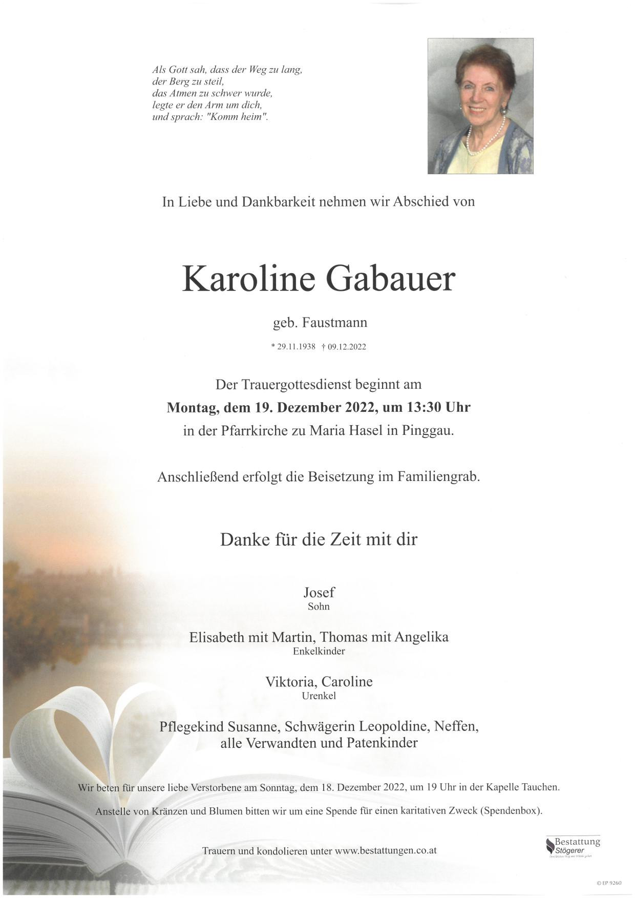 Traueranzeige von Karoline Gabauer