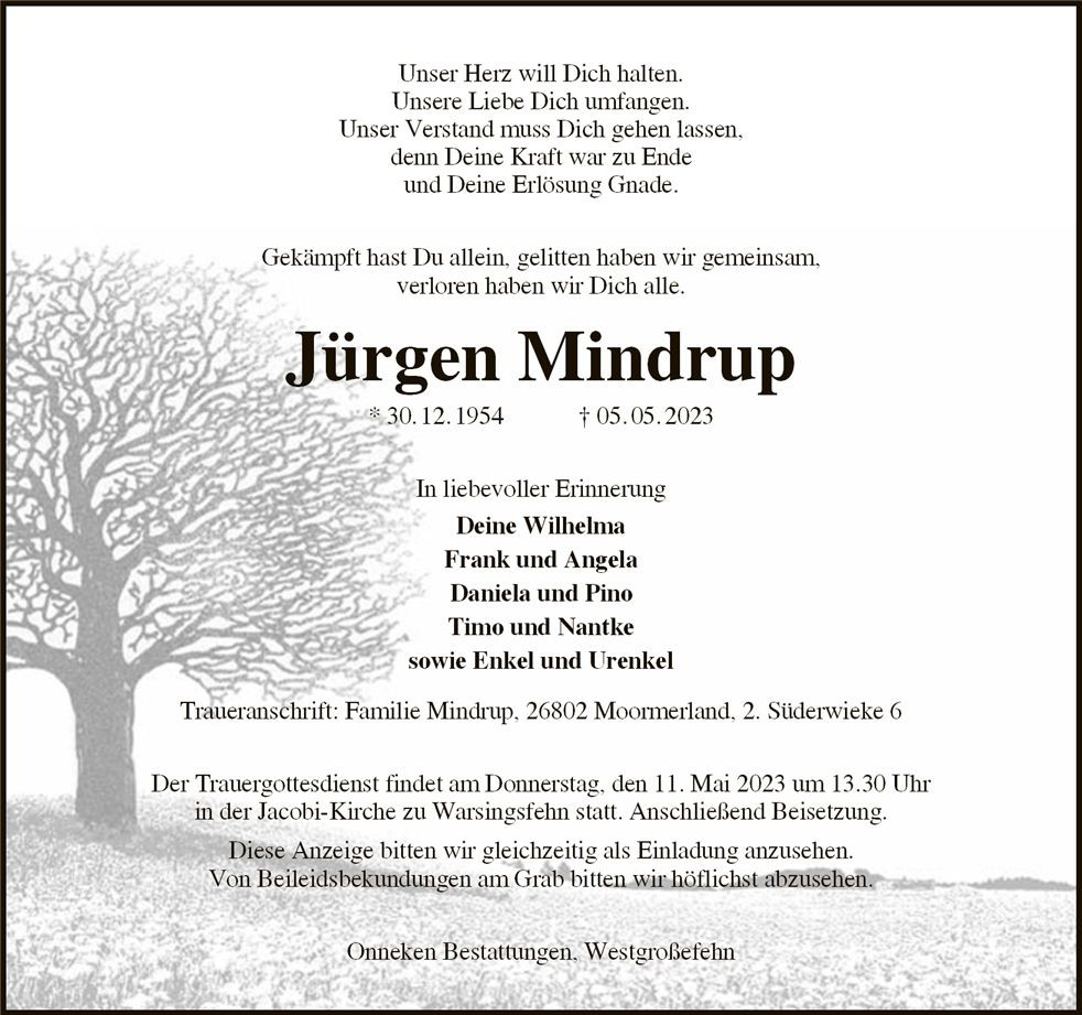 Traueranzeige von Jürgen Mindrup