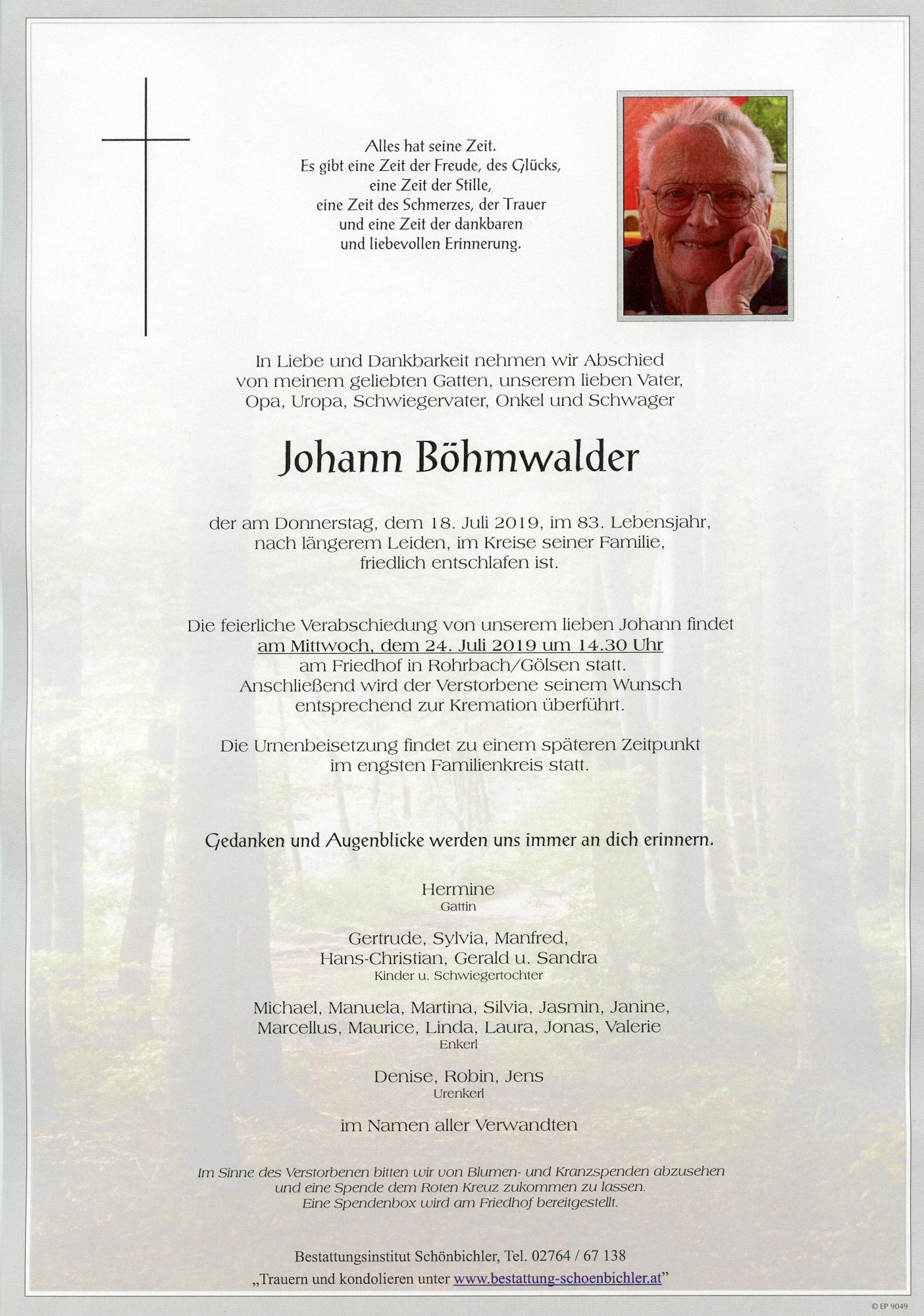 Traueranzeige von Johann Böhmwalder