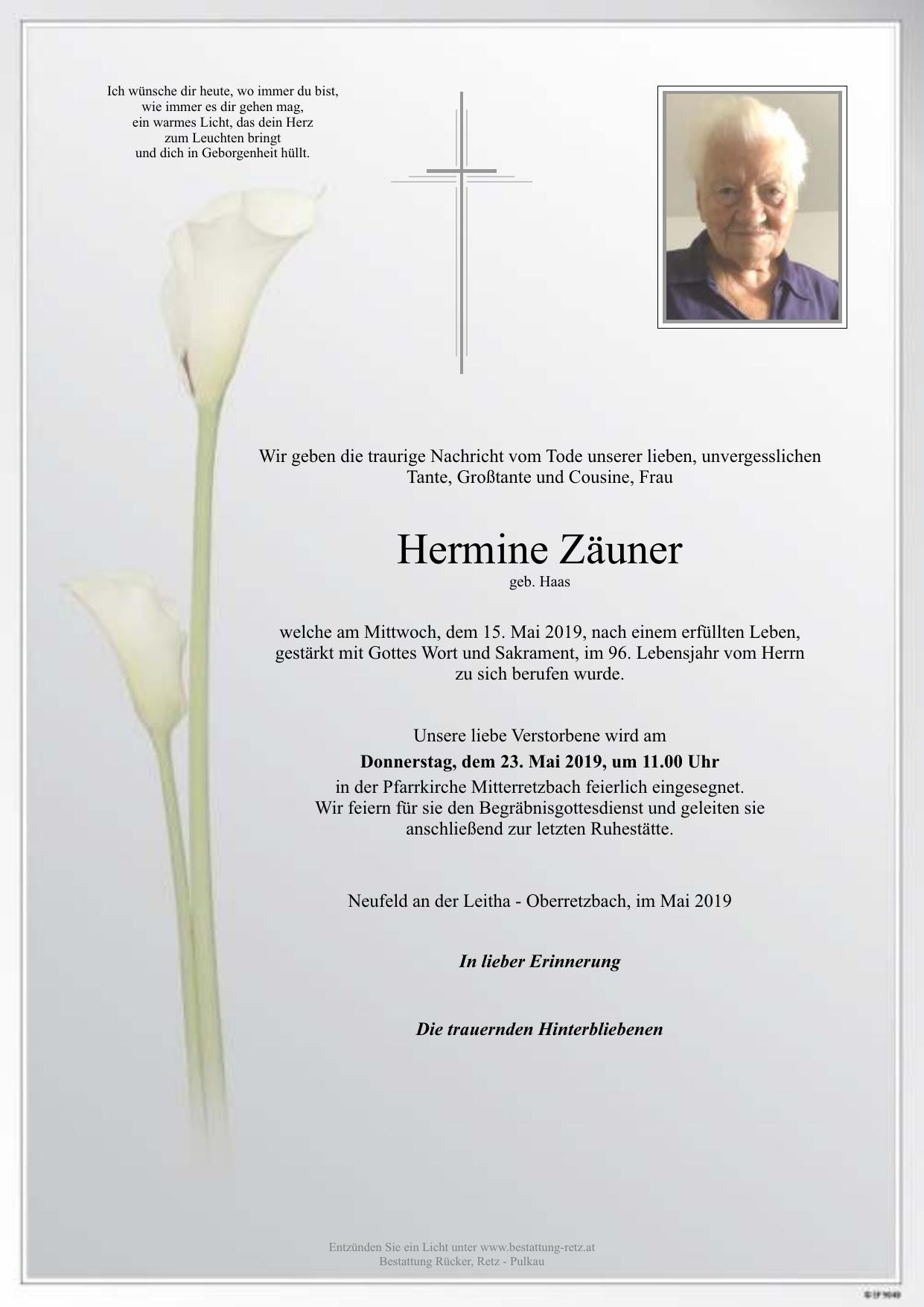 Traueranzeige von Hermine Zäuner
