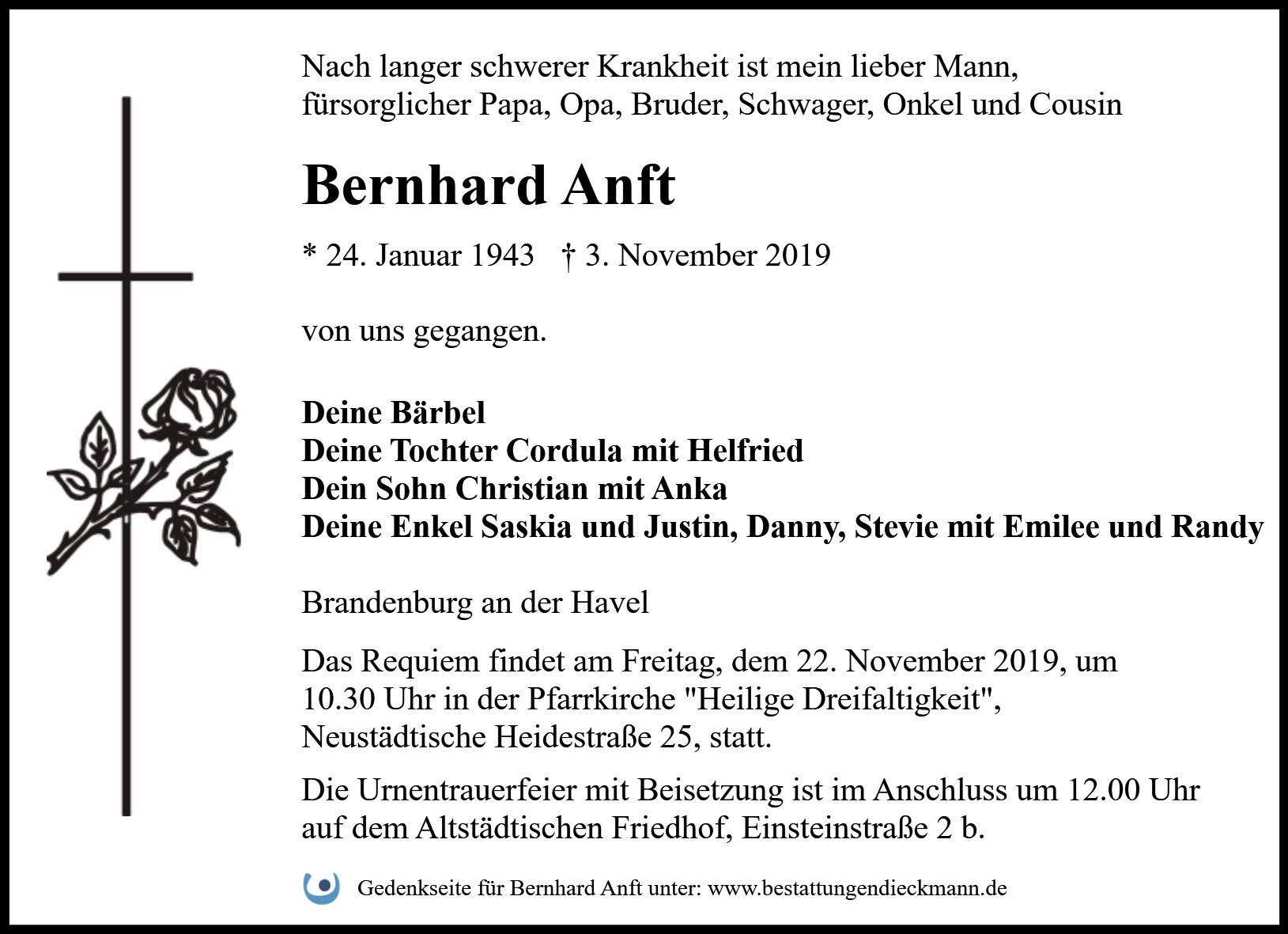 Traueranzeige von Bernhard Anft