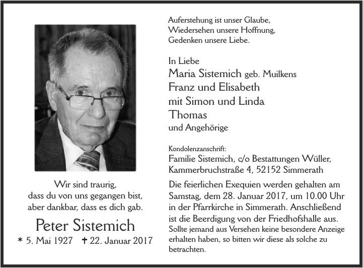 Traueranzeige von Peter Sistemich