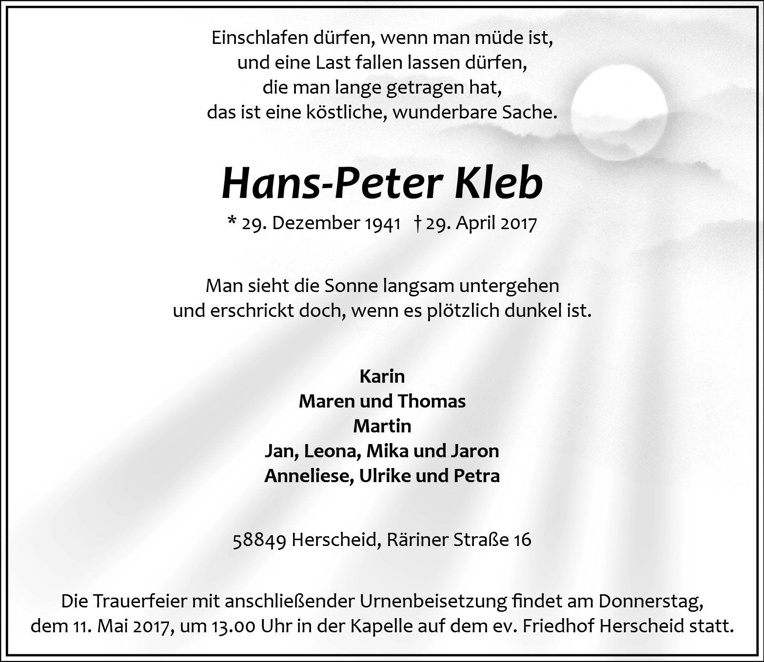 Traueranzeige von Herr Hans-Peter
