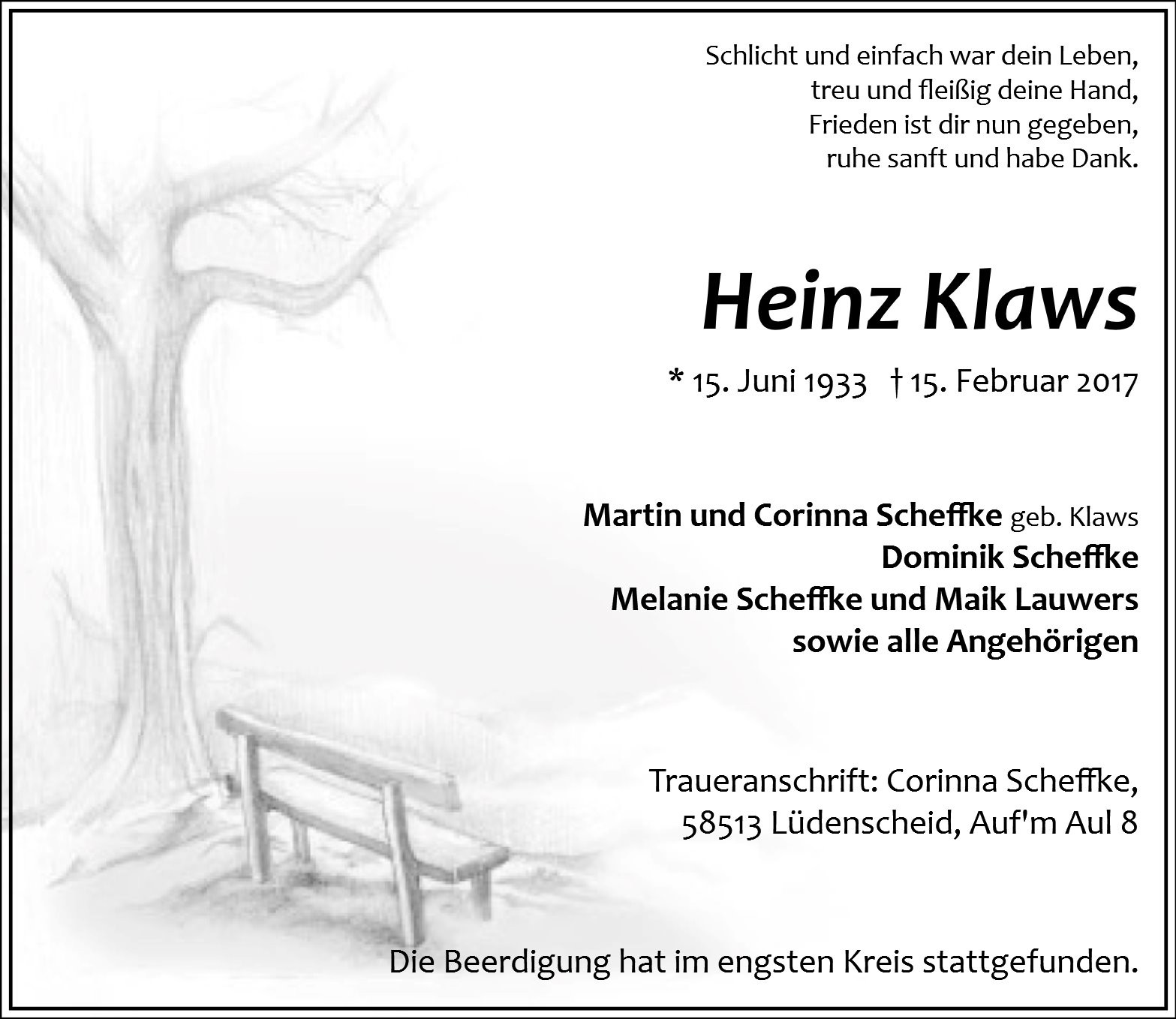 Traueranzeige von Heinz Klaws