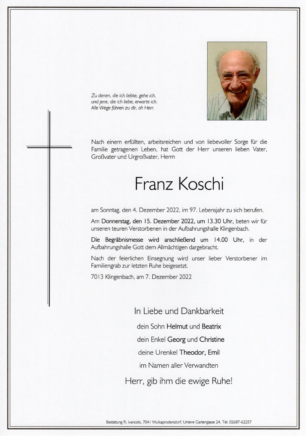Traueranzeige von Franz Koschi