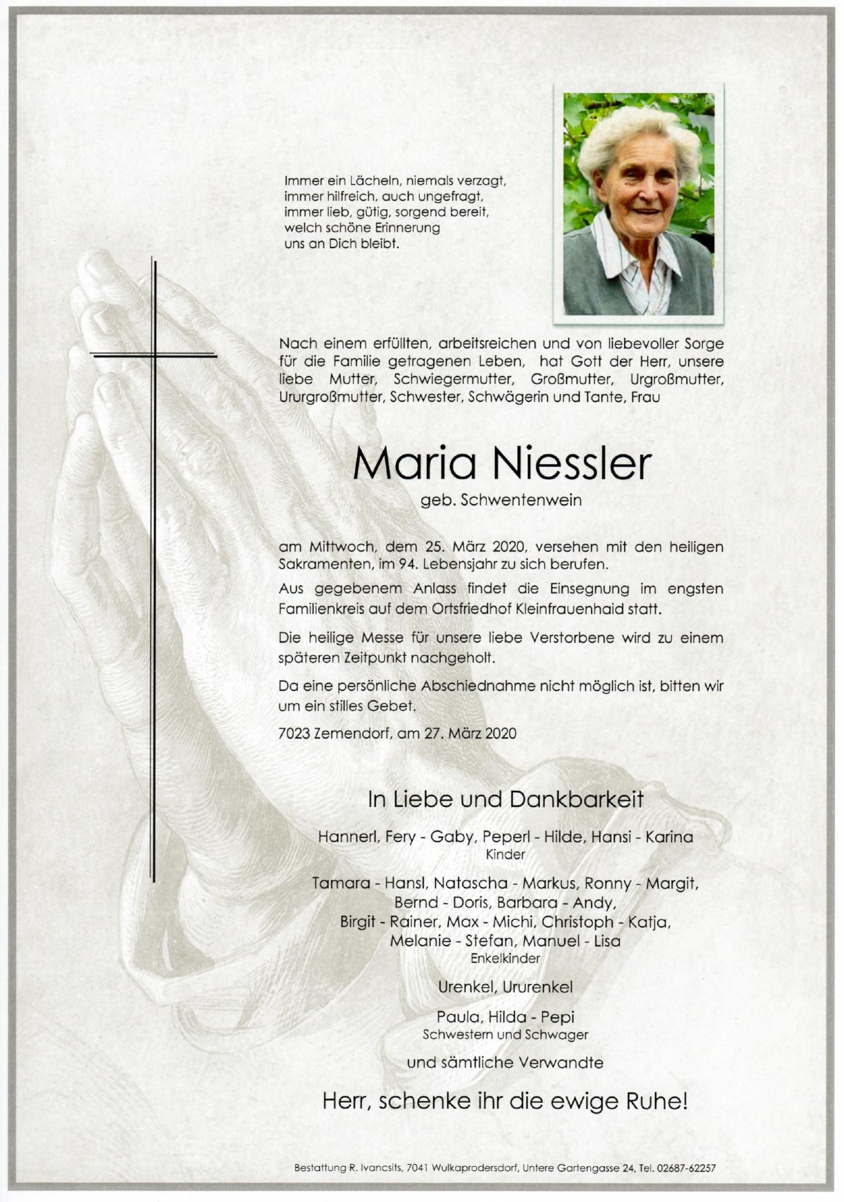 Traueranzeige von Maria Niessler