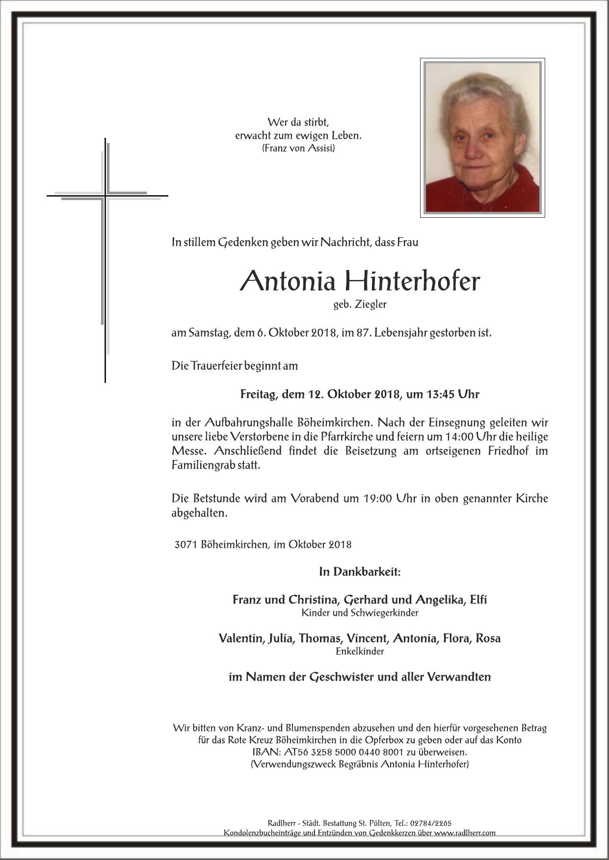 Traueranzeige von Antonia Hinterhofer