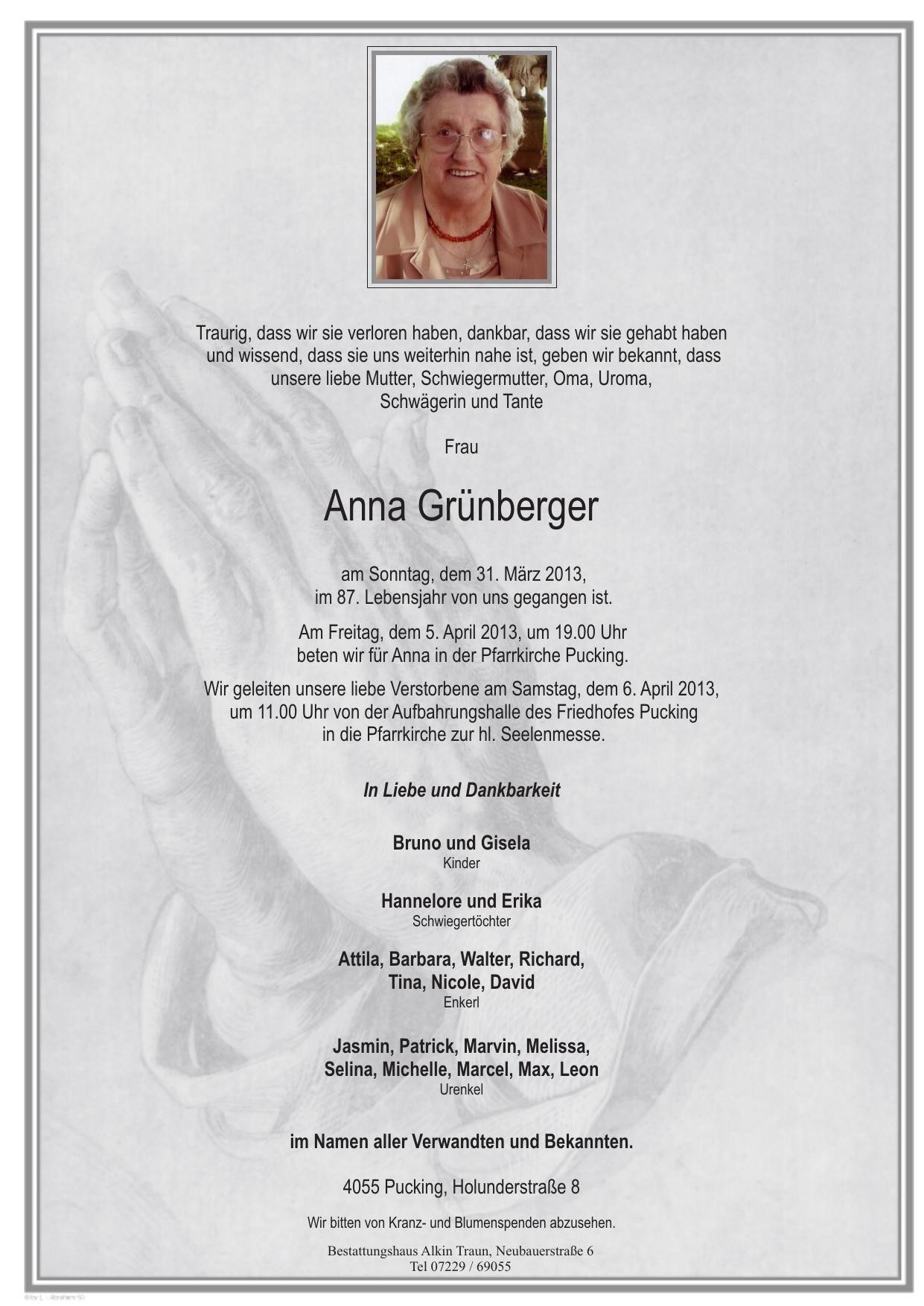 Traueranzeige von Anna Grünberger