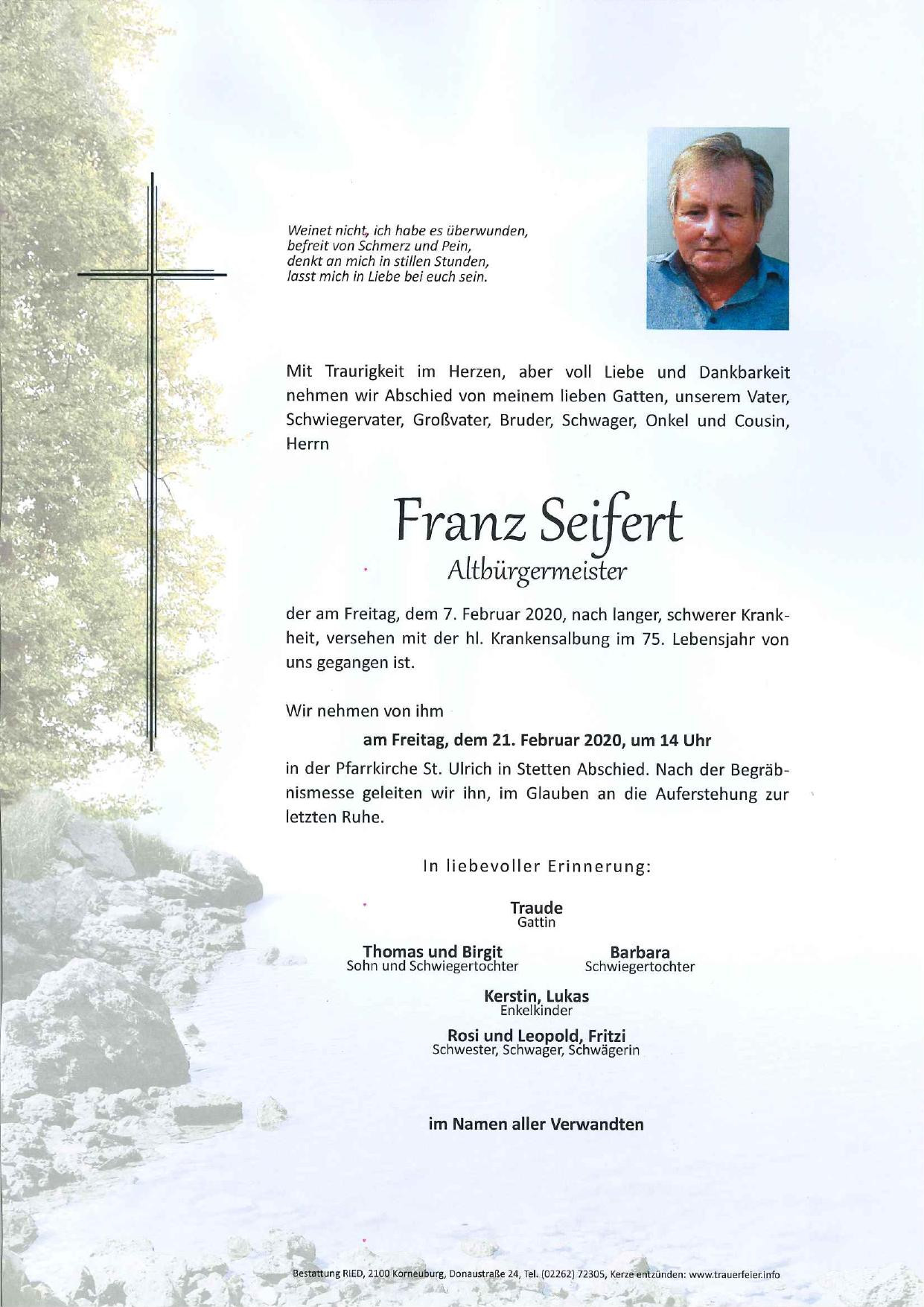 Traueranzeige von Altbürgermeister Franz Seifert