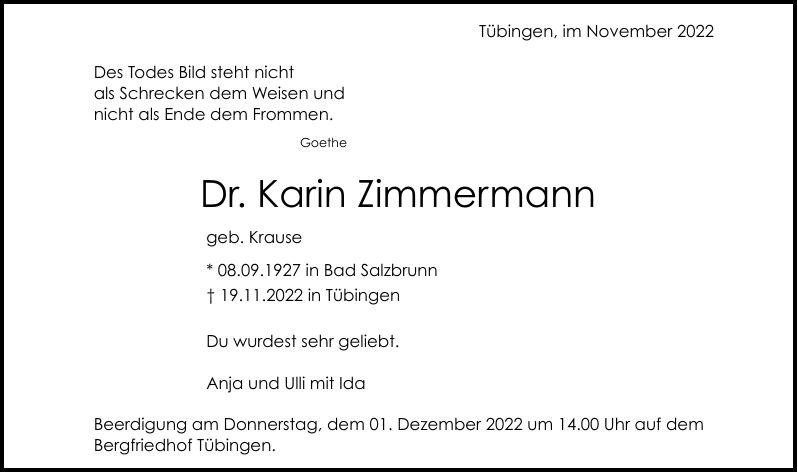 Traueranzeige von Dr. Karin Zimmermann