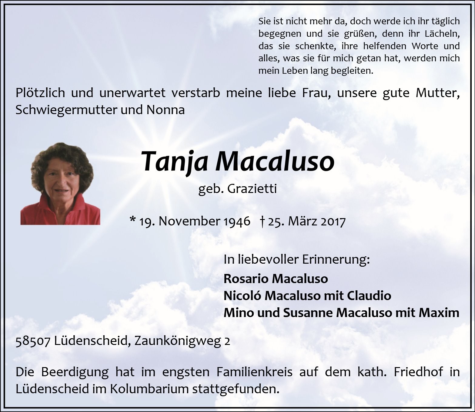 Traueranzeige von Tanja Macaluso