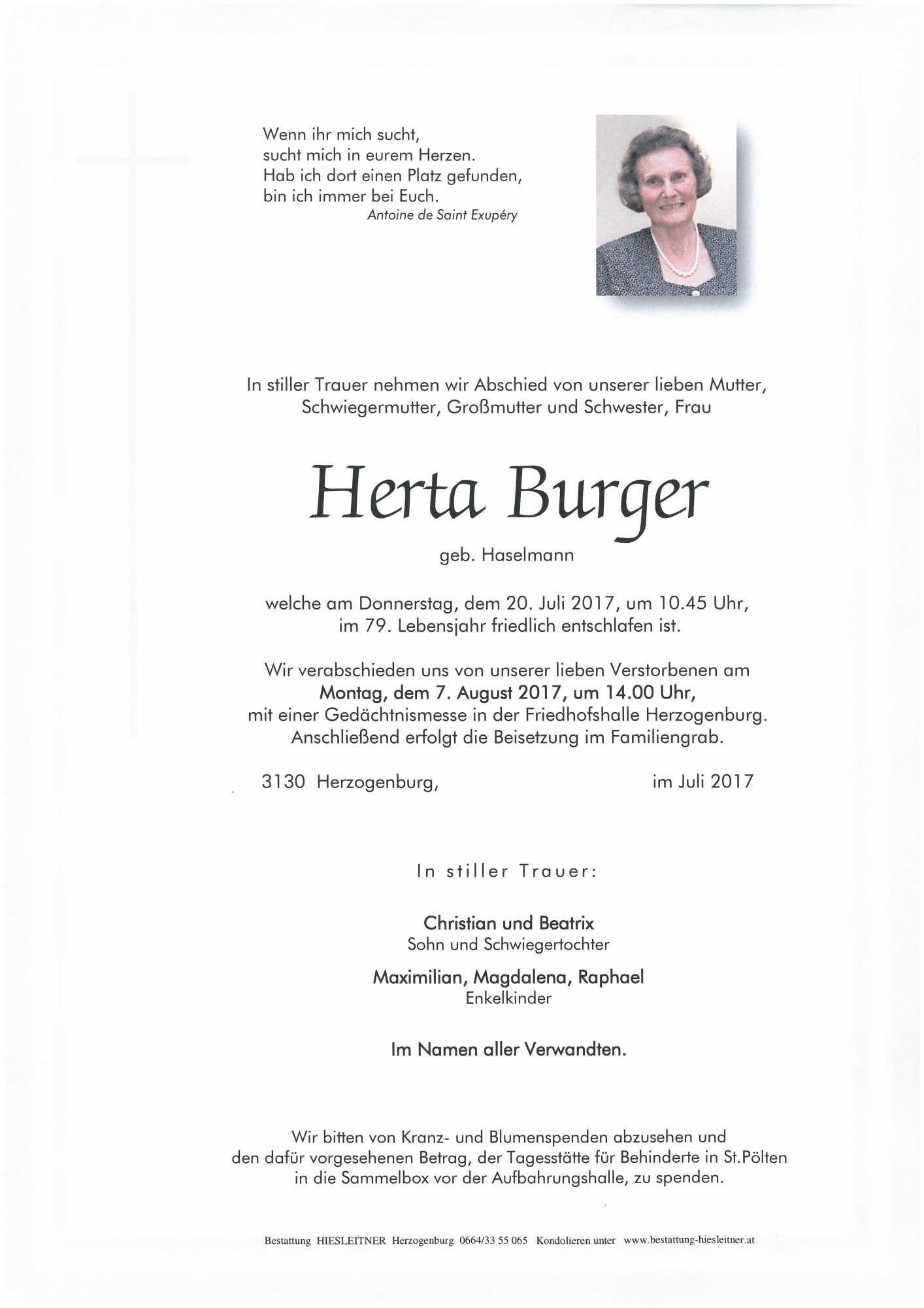 Traueranzeige von Herta Burger