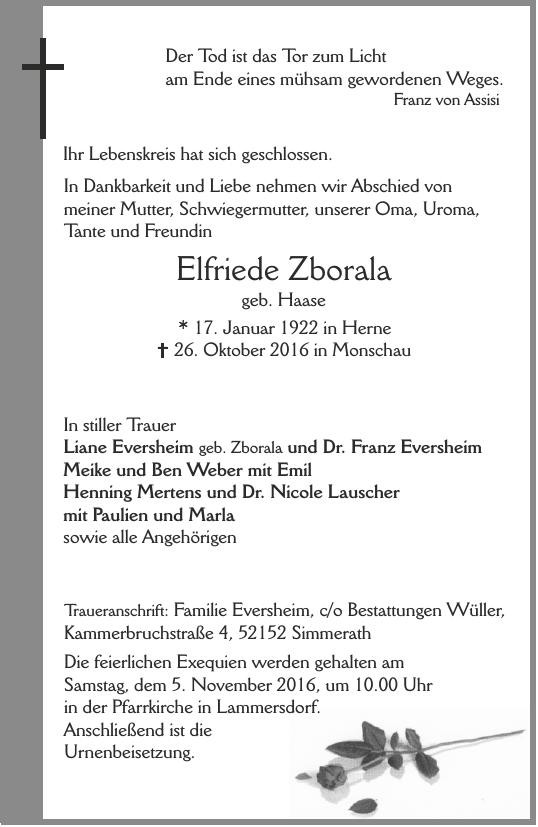 Traueranzeige von Elfriede Zborala