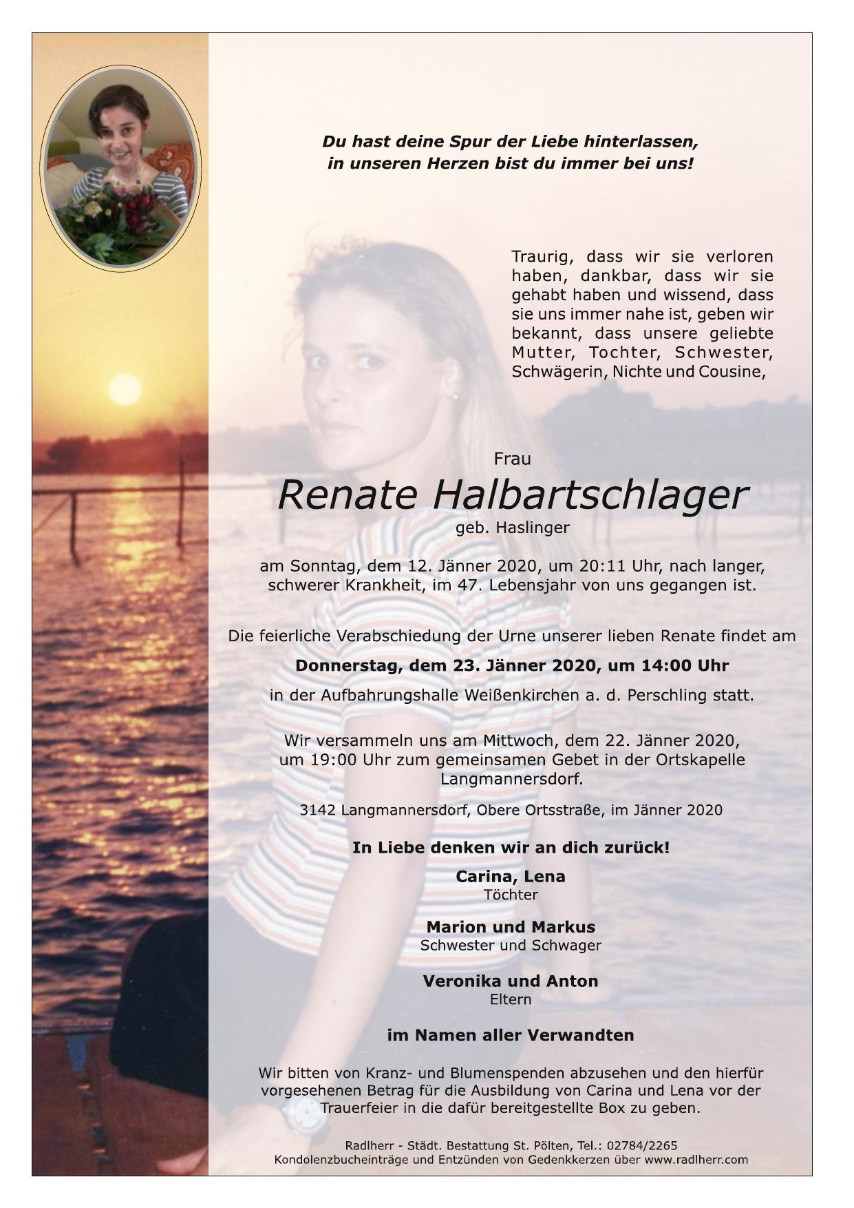 Traueranzeige von Renate Halbartschlager