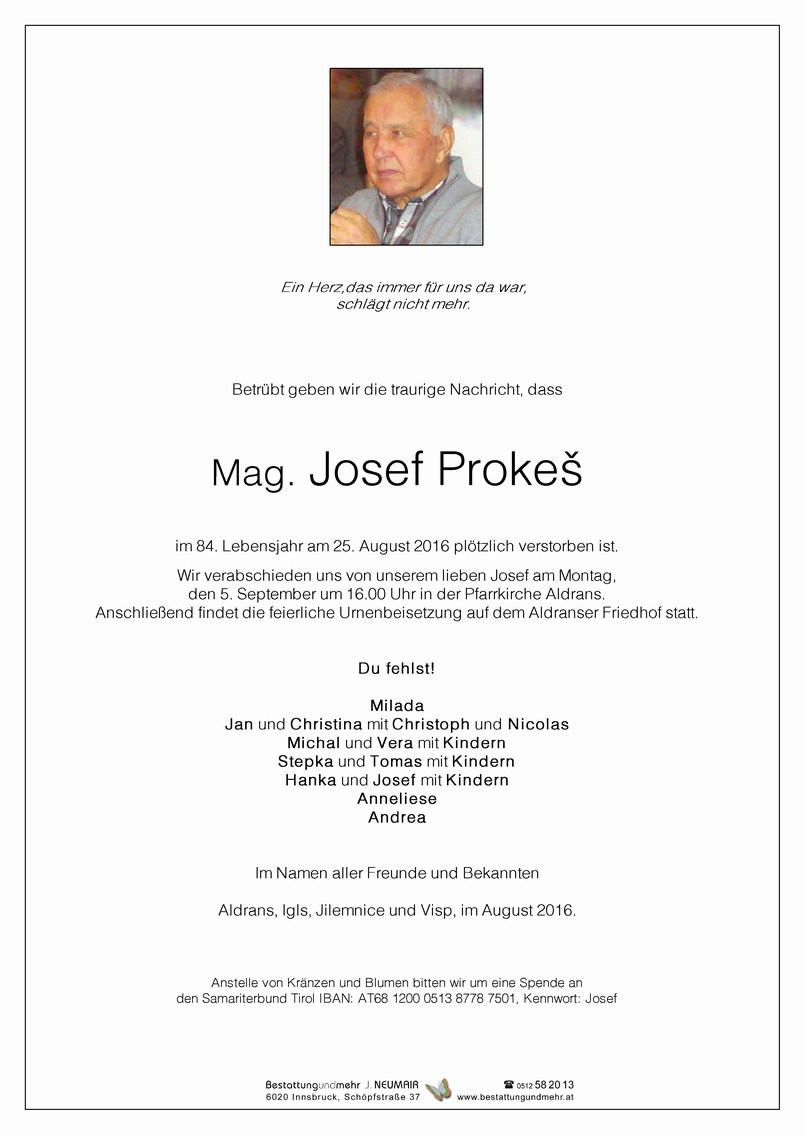 Traueranzeige von Mag. Josef Prokes