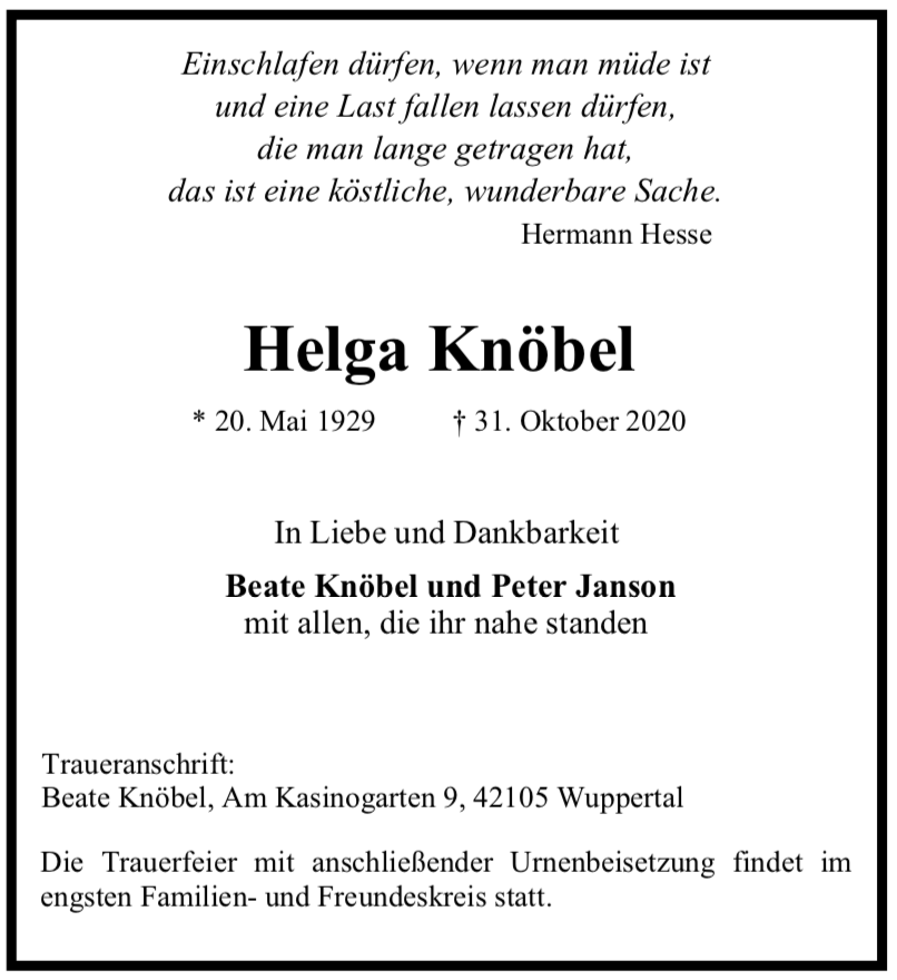 Traueranzeige von Helga Knöbel