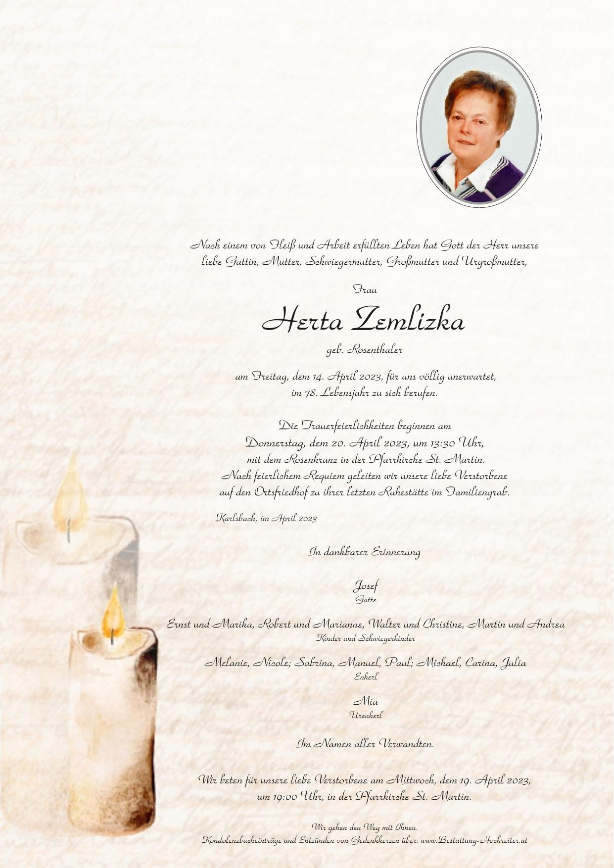 Traueranzeige von Herta Zemlizka