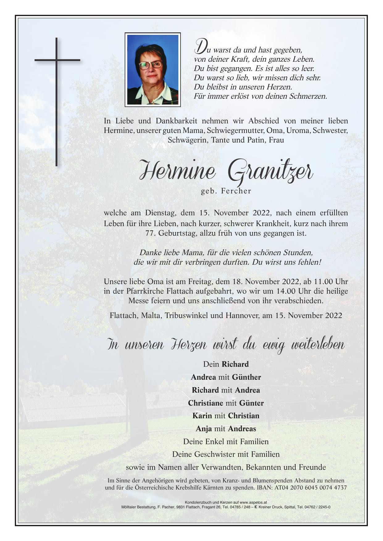 Traueranzeige von Hermine Granitzer