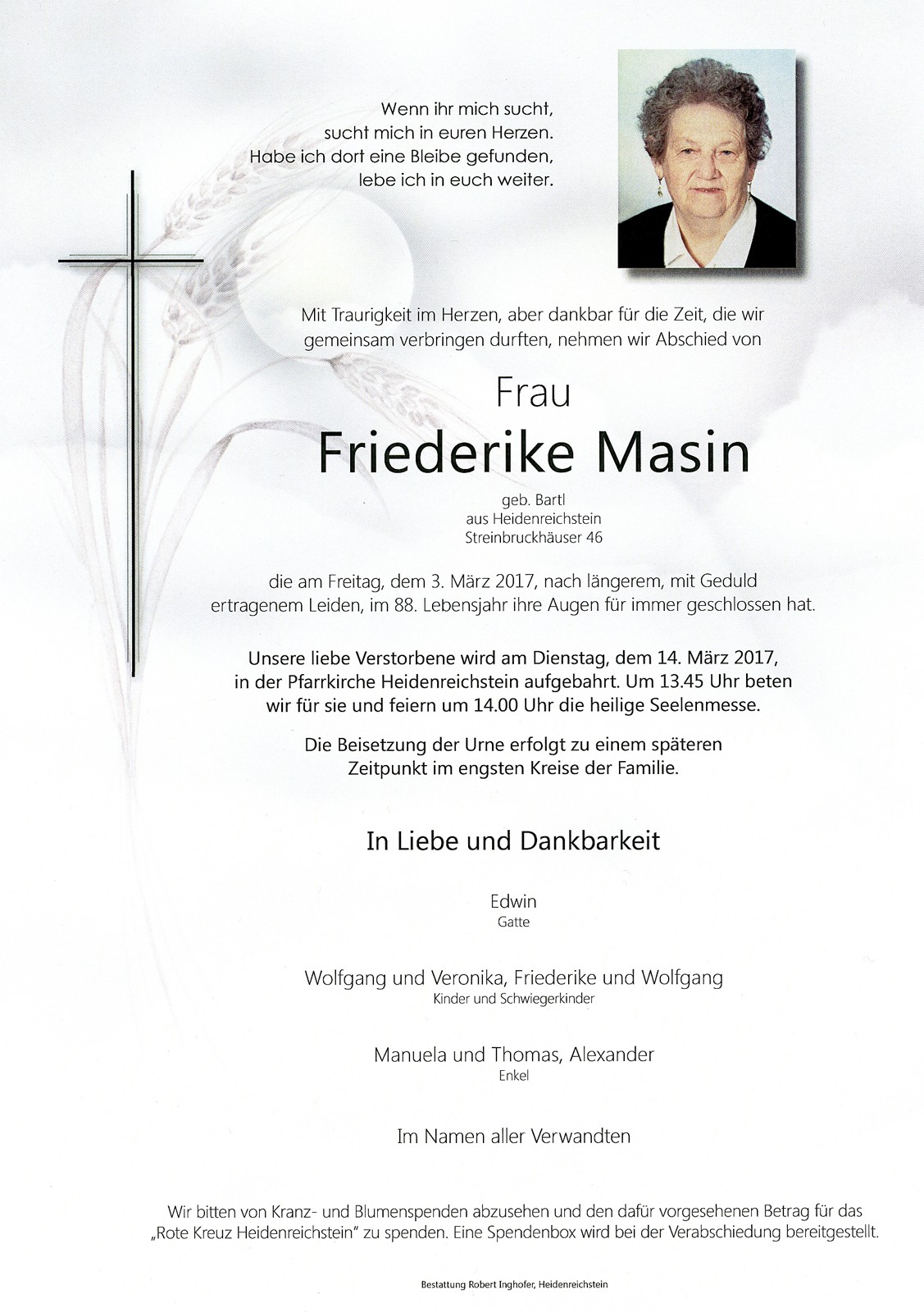 Traueranzeige von Friederike Masin