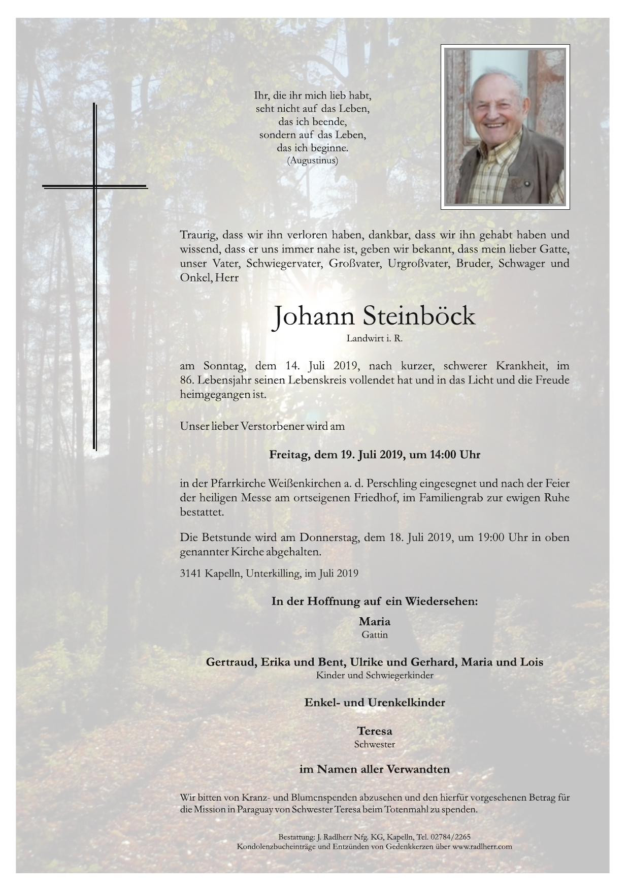 Traueranzeige von Johann Steinböck