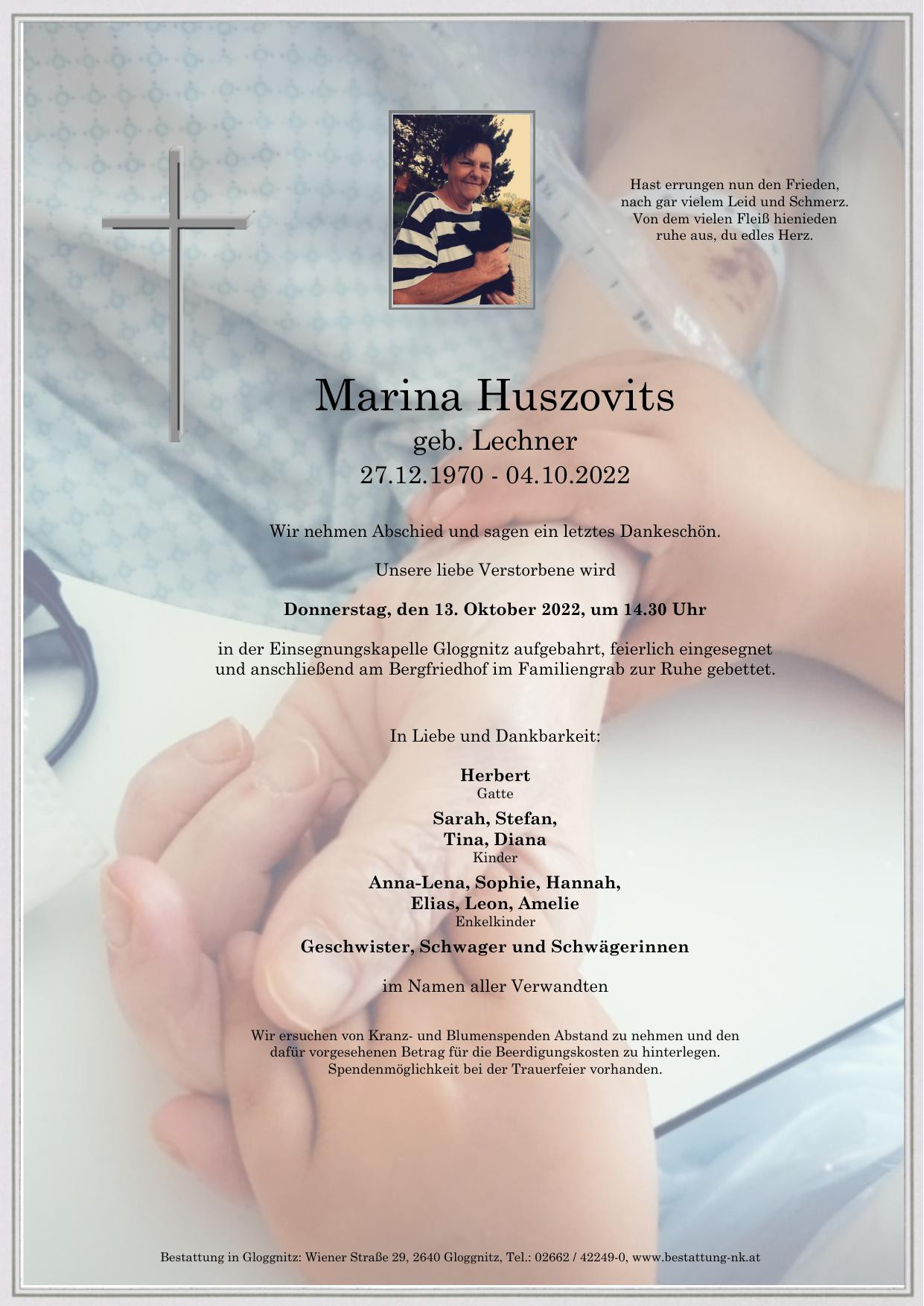 Traueranzeige von Marina Huszovits