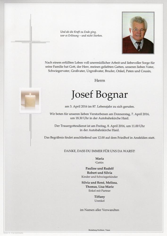 Traueranzeige von Josef Bognar