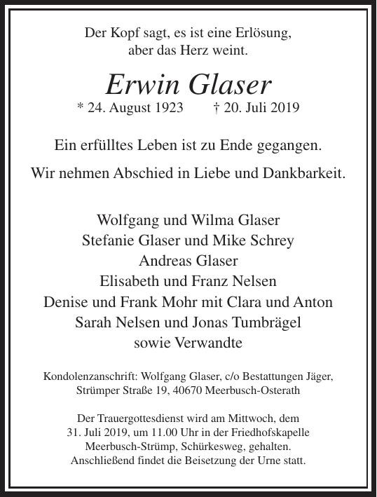 Traueranzeige von Erwin Glaser