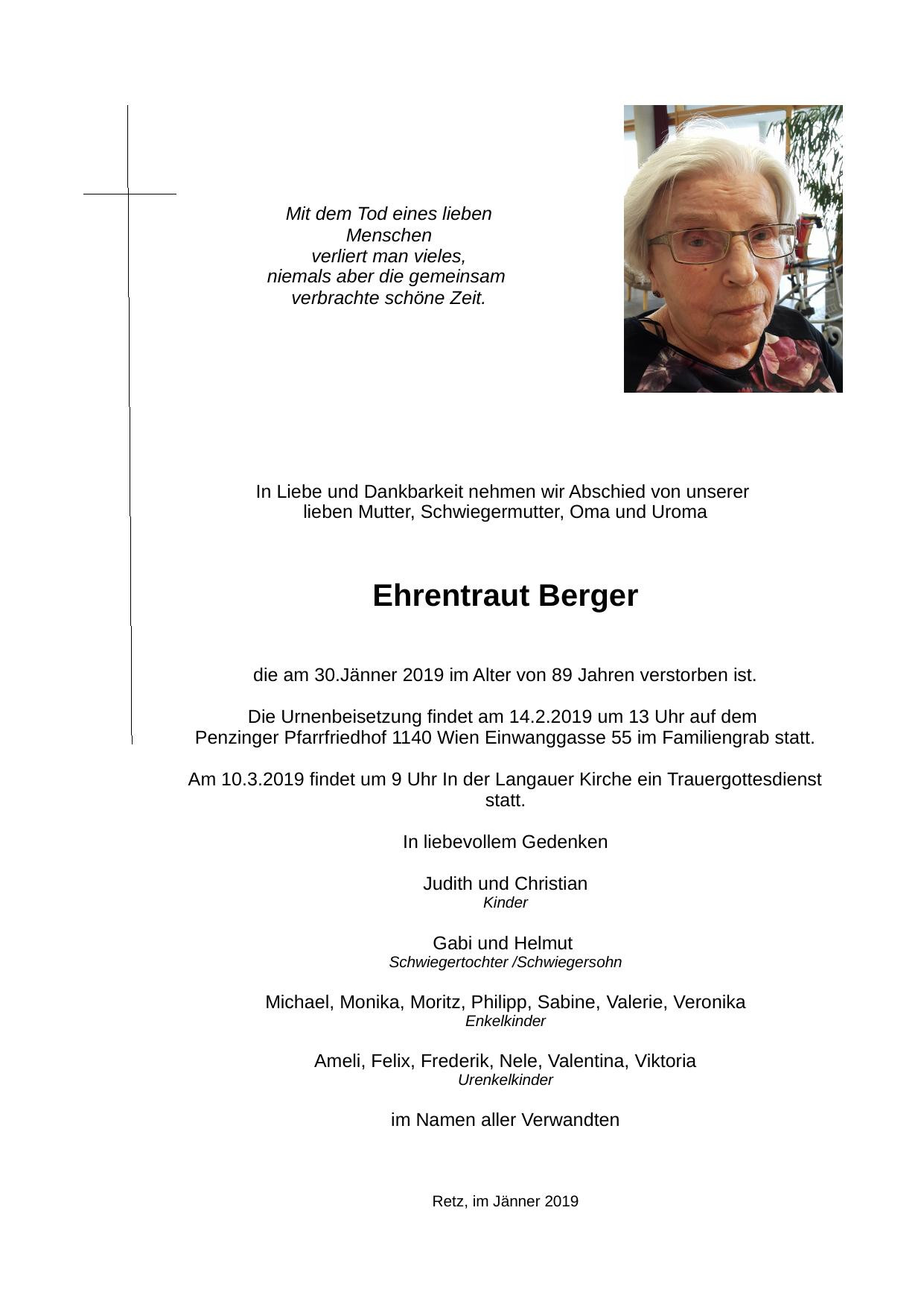 Traueranzeige von Ehrentraut Berger