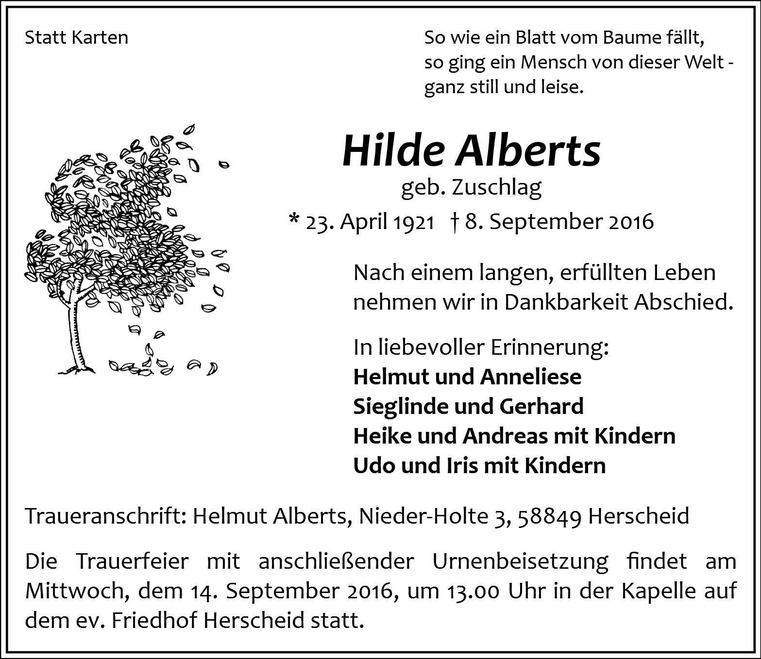 Traueranzeige von Hilde Alberts
