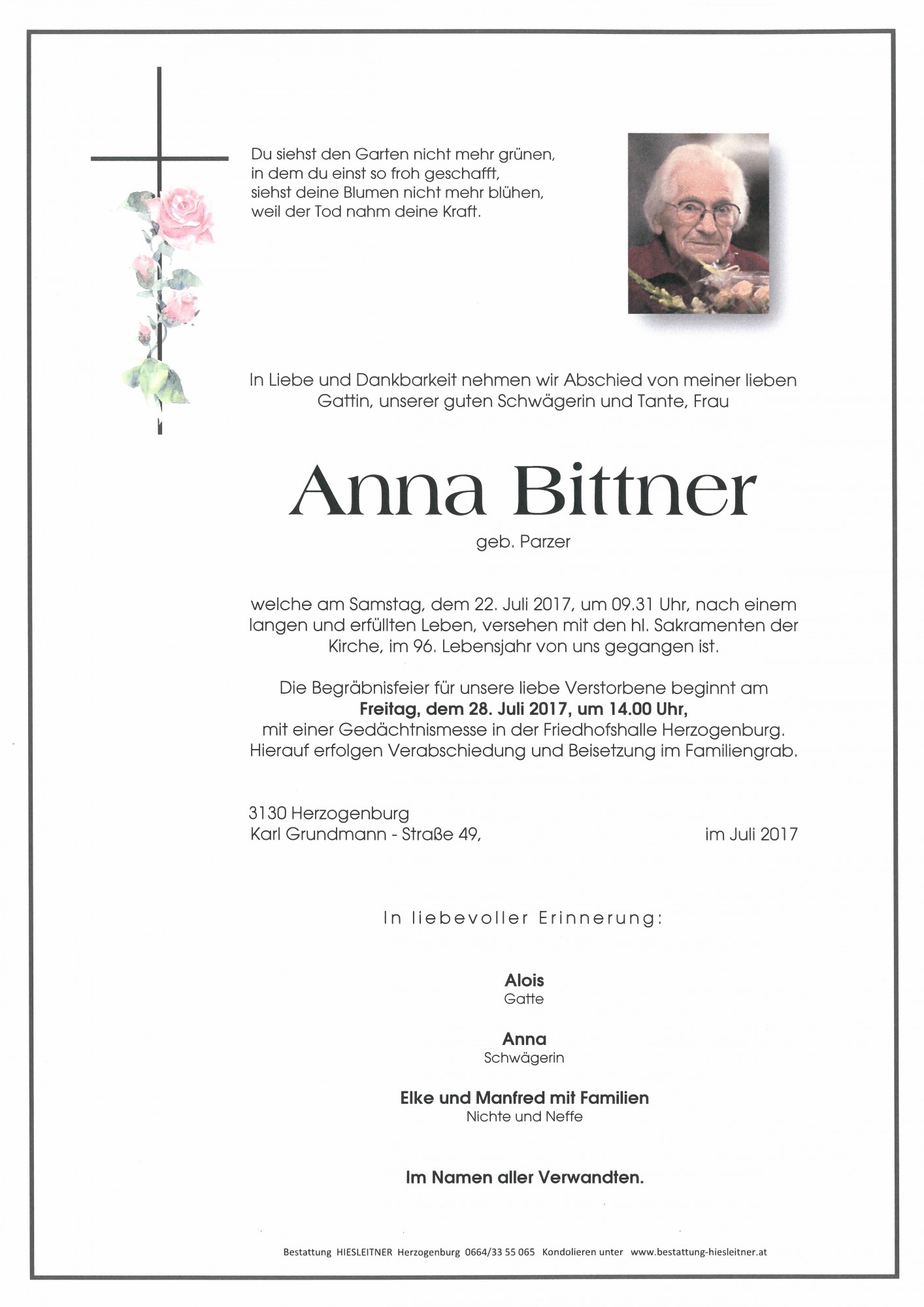 Traueranzeige von Anna Bittner