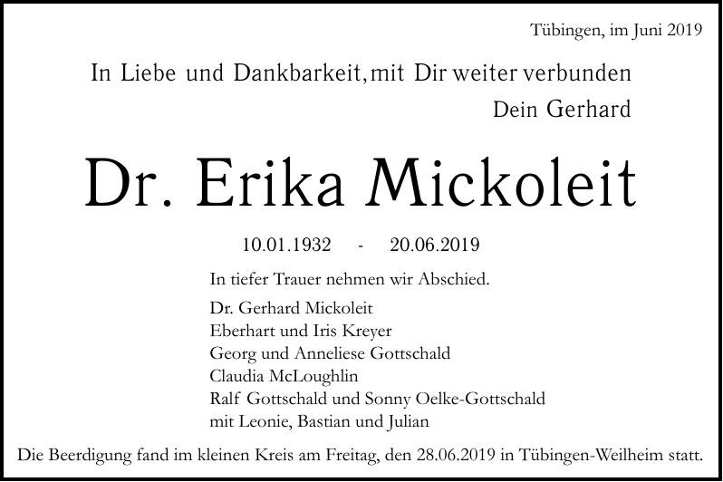 Traueranzeige von Dr. Erika Mickoleit