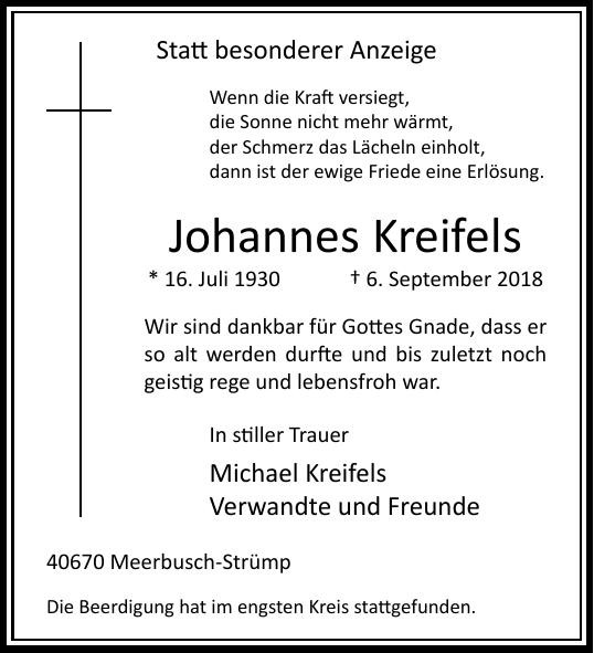 Traueranzeige von Johannes Kreifels