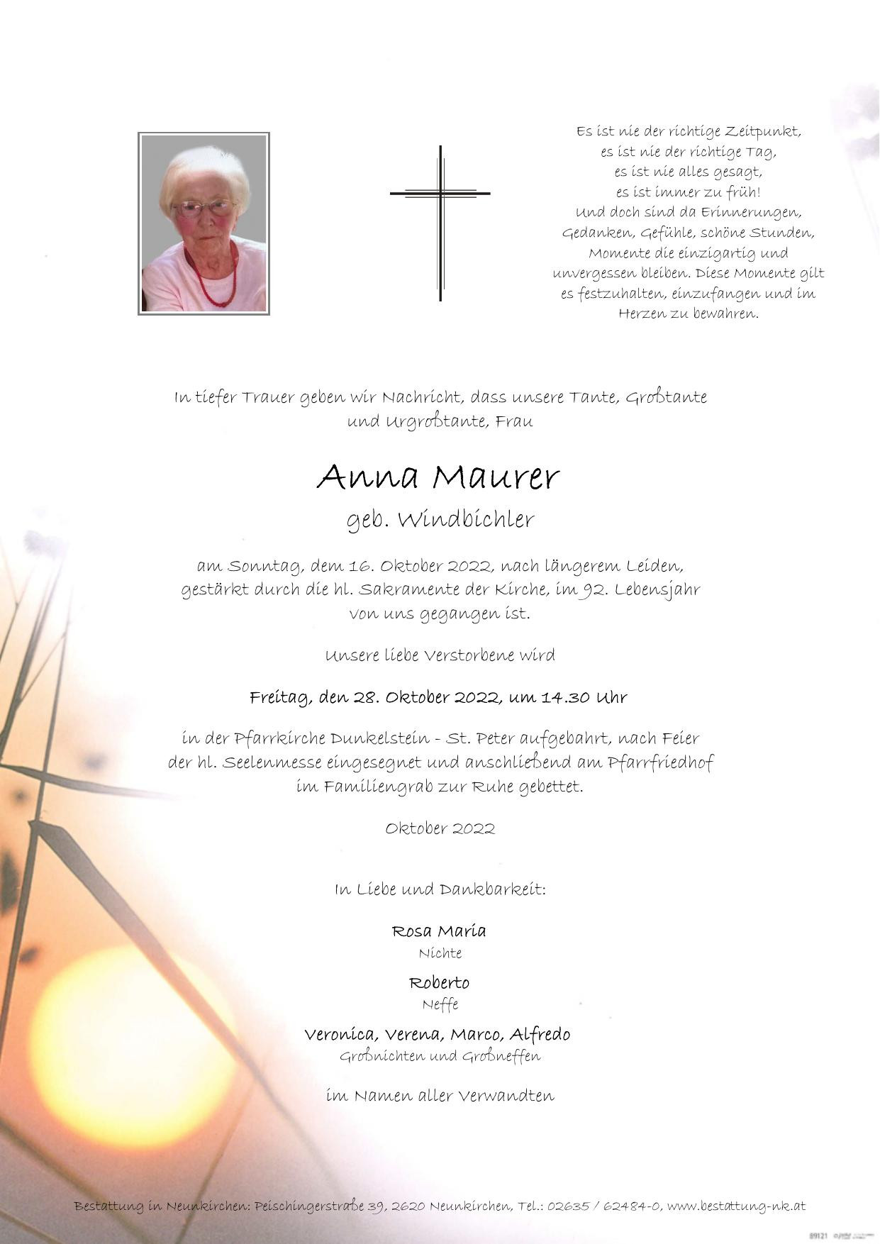Traueranzeige von Anna Maurer