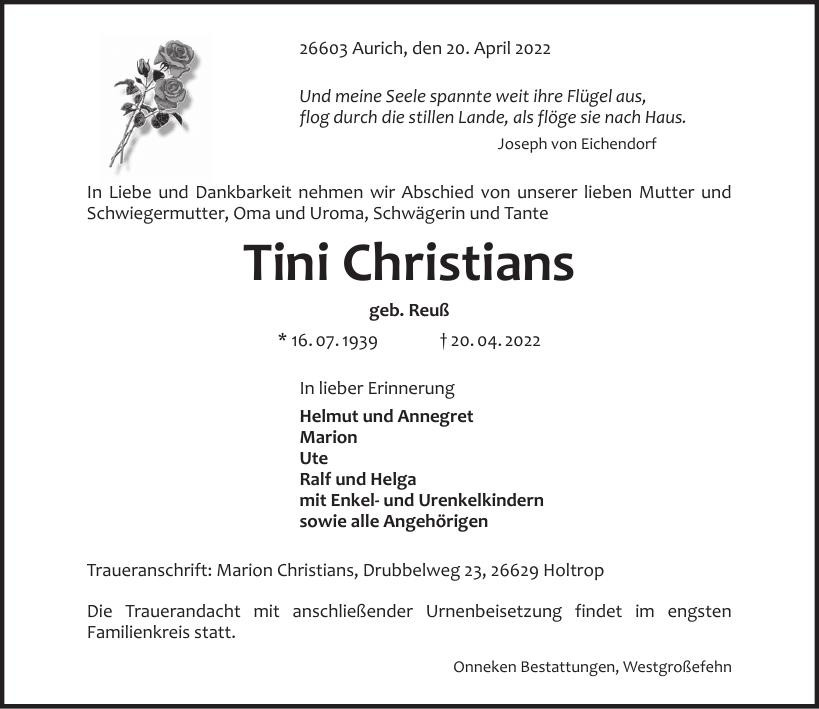 Traueranzeige von Tini Christians
