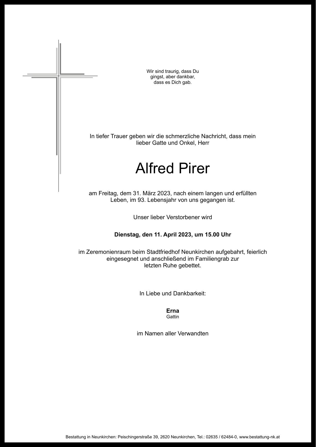Traueranzeige von Alfred Pirer