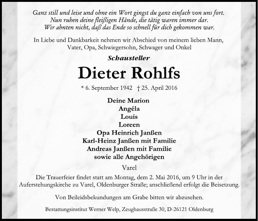 Traueranzeige von Dieter Rohlfs