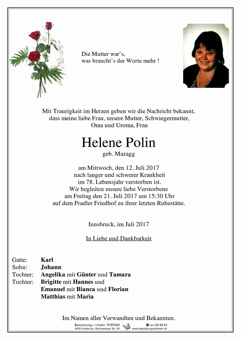 Traueranzeige von Helene Polin