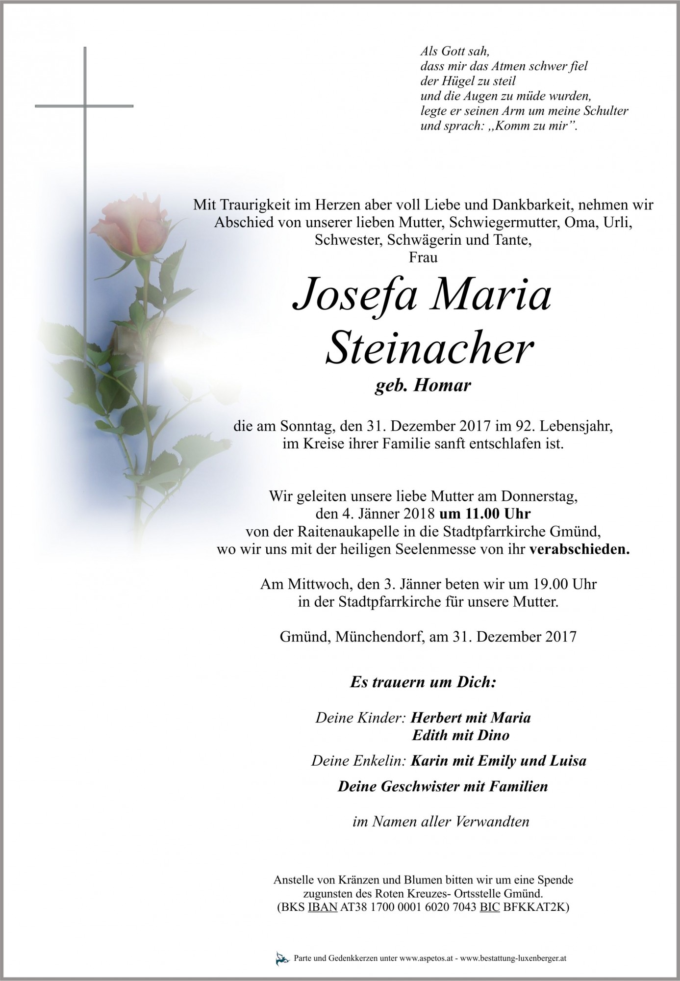 Traueranzeige von Josefa Maria Steinacher
