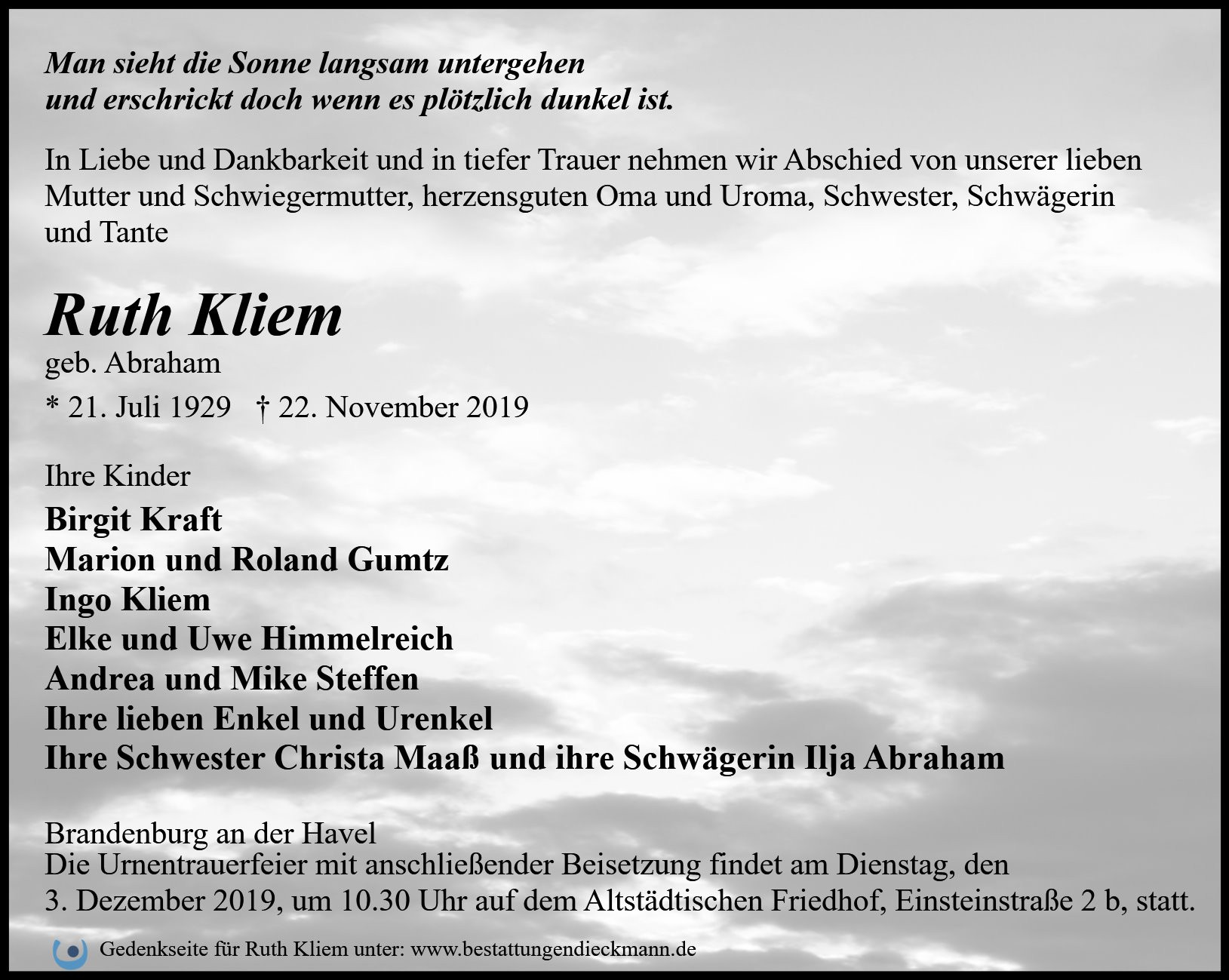 Traueranzeige von Ruth Kliem