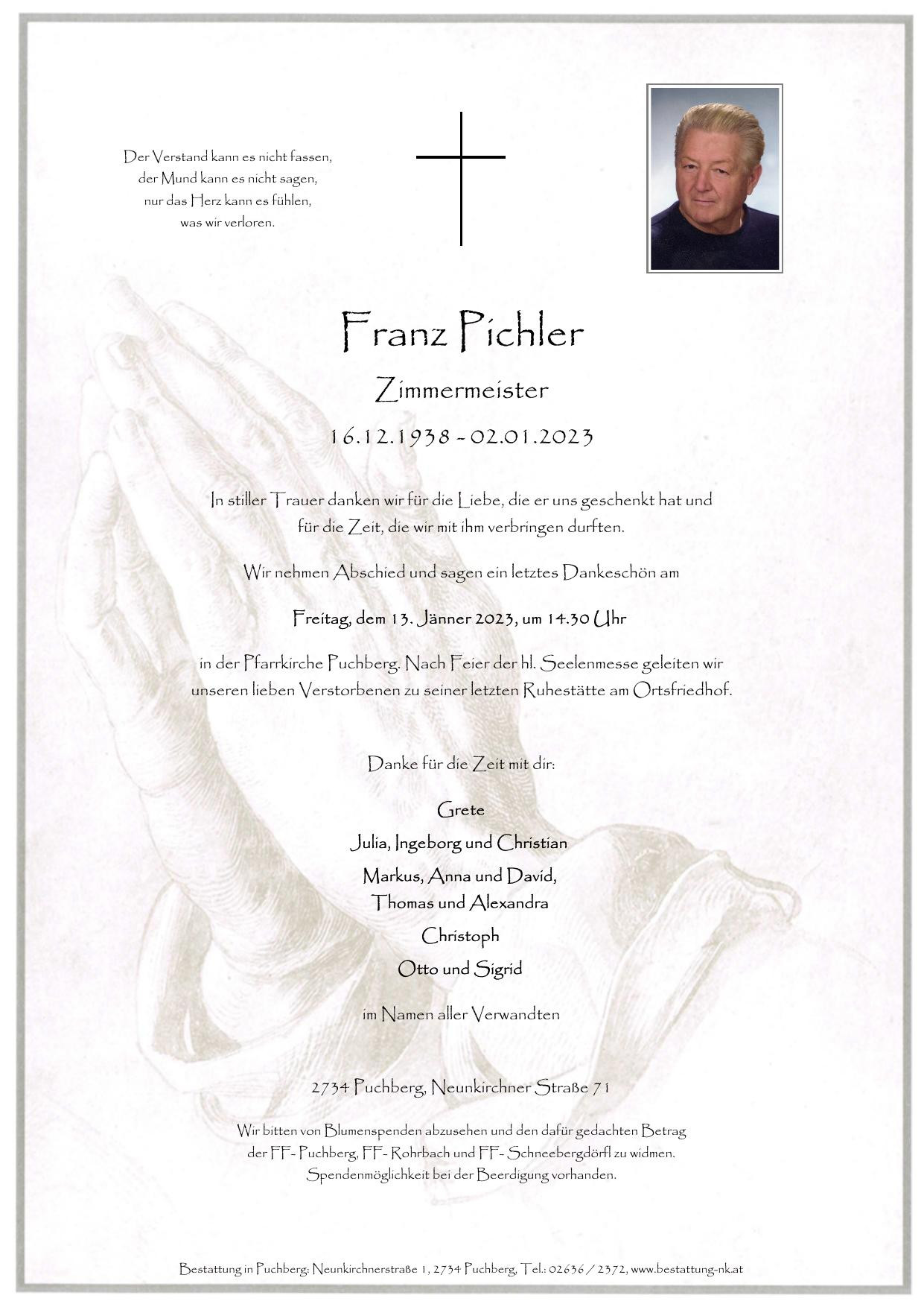 Traueranzeige von Franz Pichler