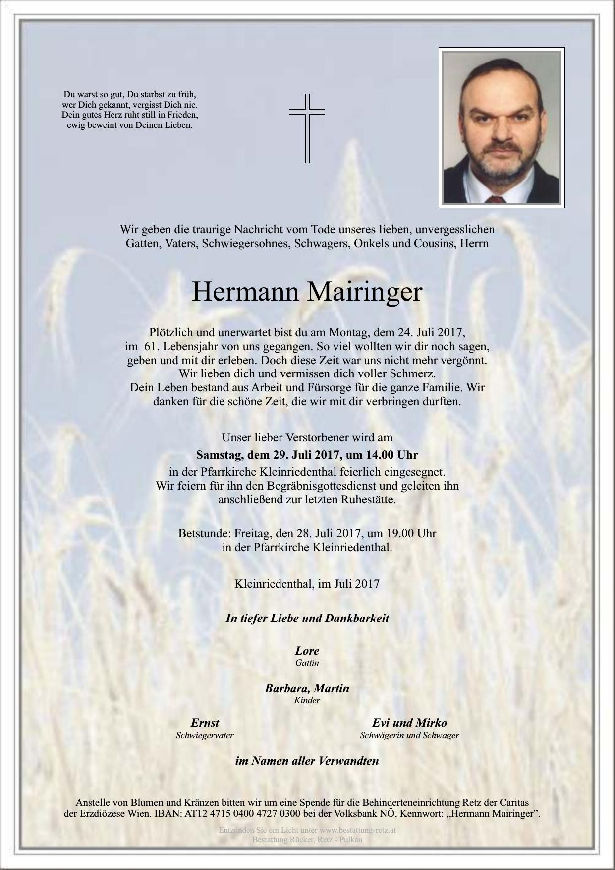 Traueranzeige von Hermann Mairinger