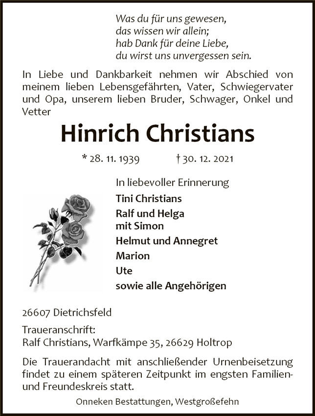 Traueranzeige von Hinrich Christians