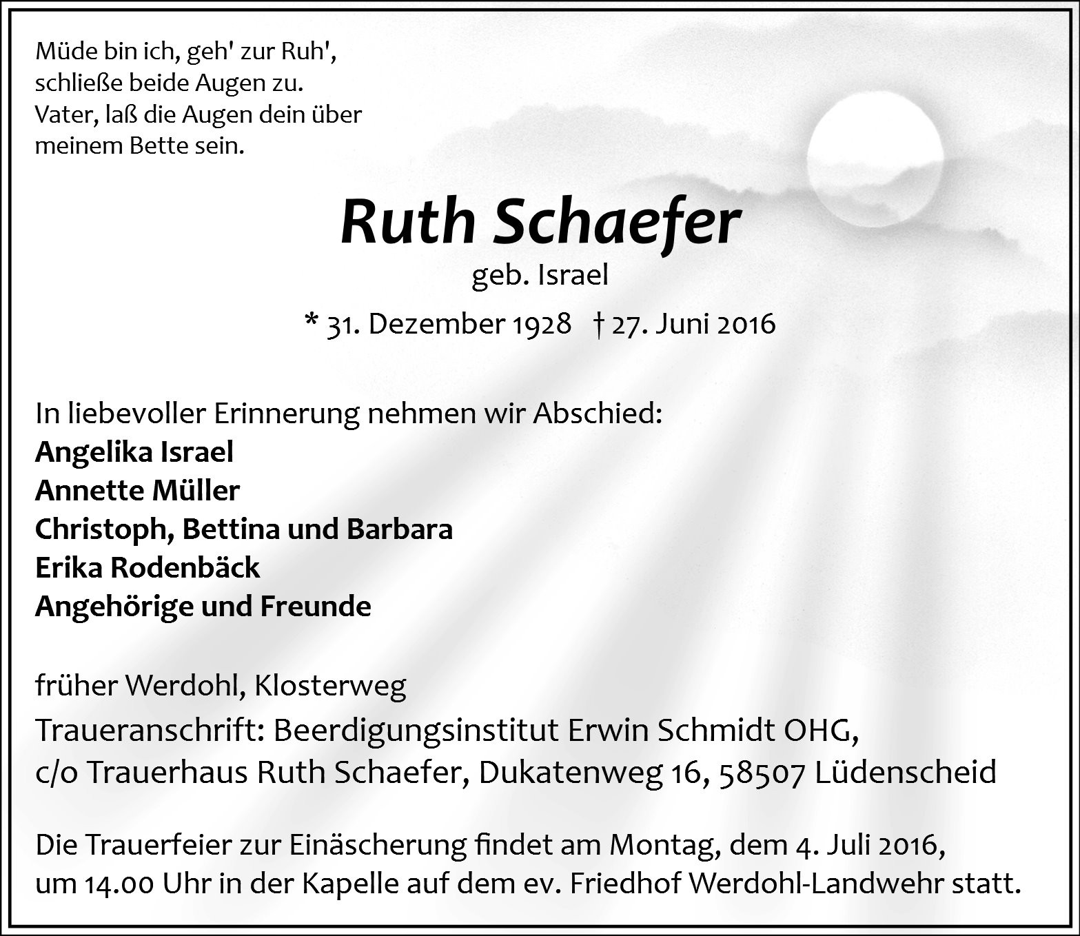 Traueranzeige von Ruth Schaefer